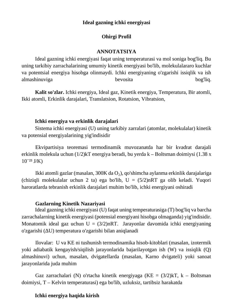 Ideal gazning ichki energiyasi