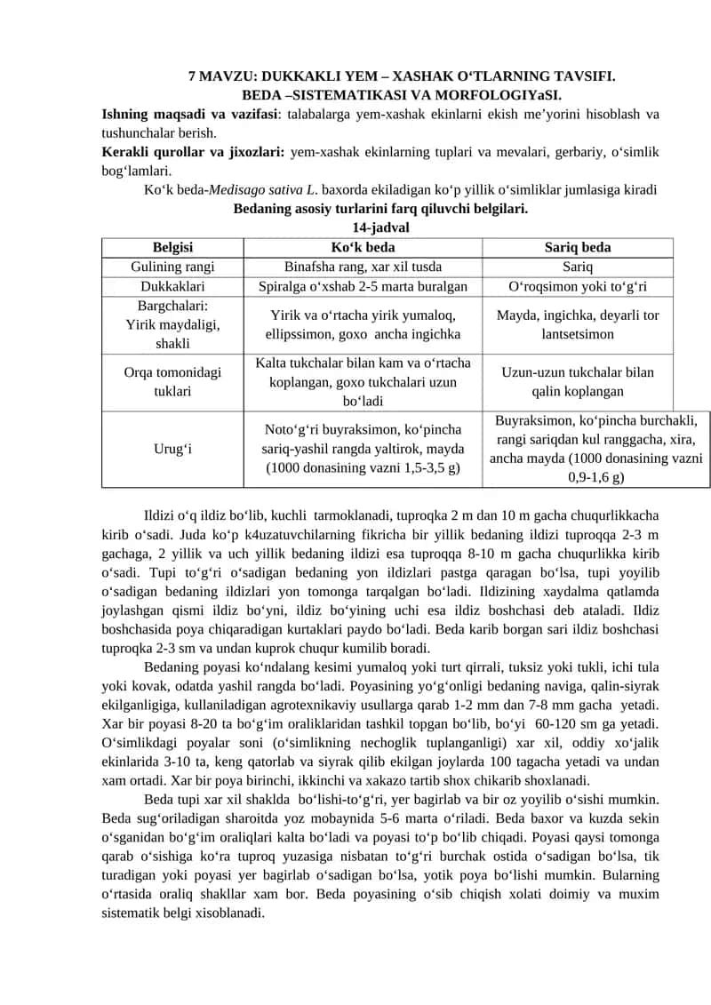 DUKKAKLI YEM – XASHAK O‘TLARNING TAVSIFI
