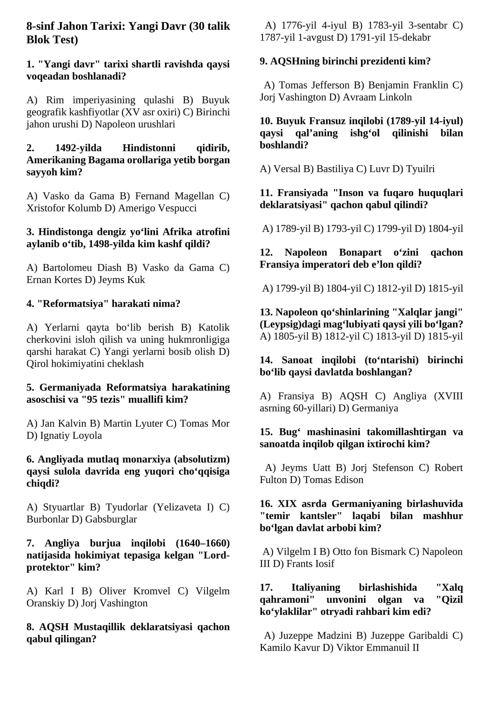 8-sinf Jahon Tarixi: Yangi Davr (30 talik Blok Test)