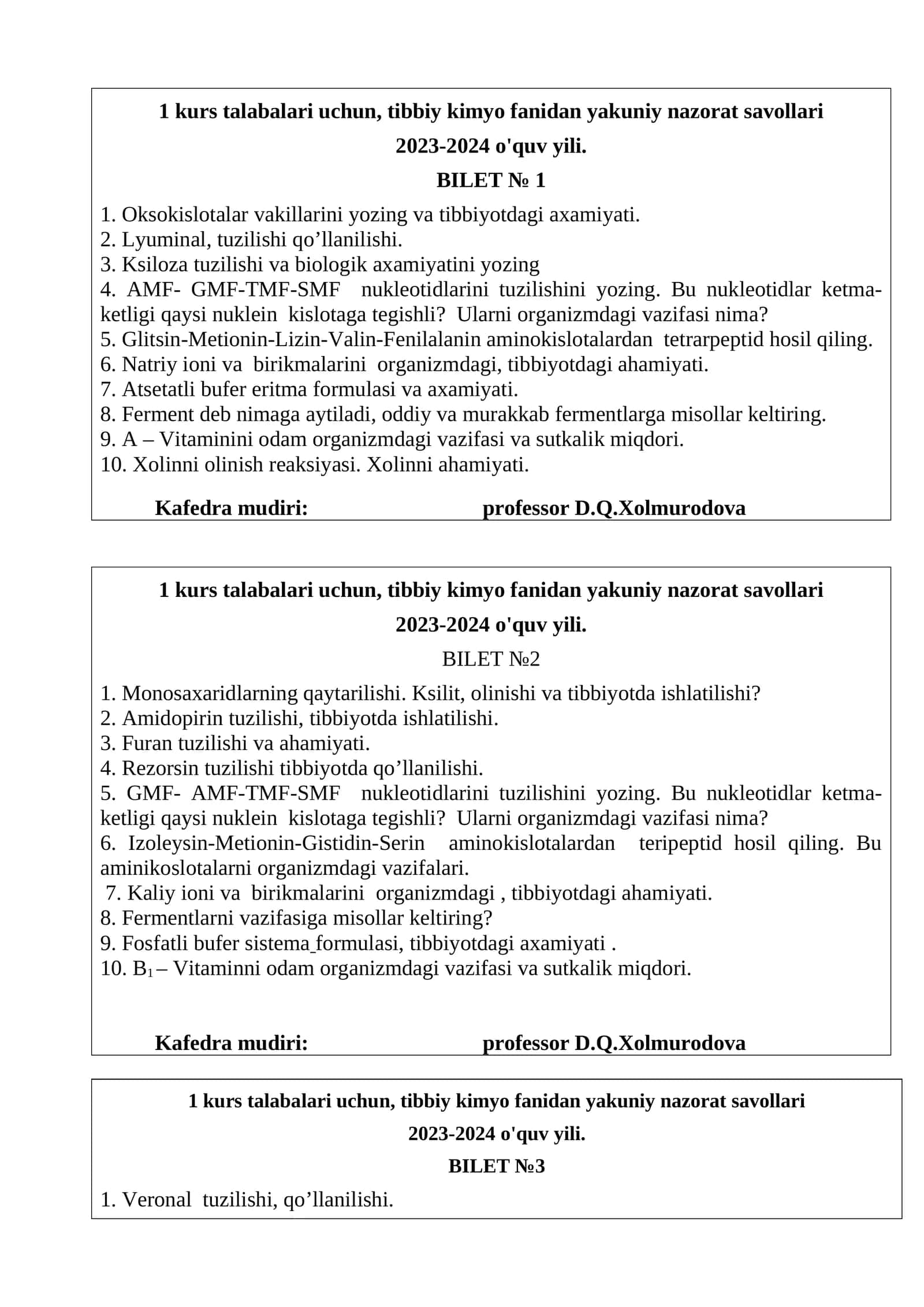 Tibbiy kimyo fanidan yakuniy nazorat savollari