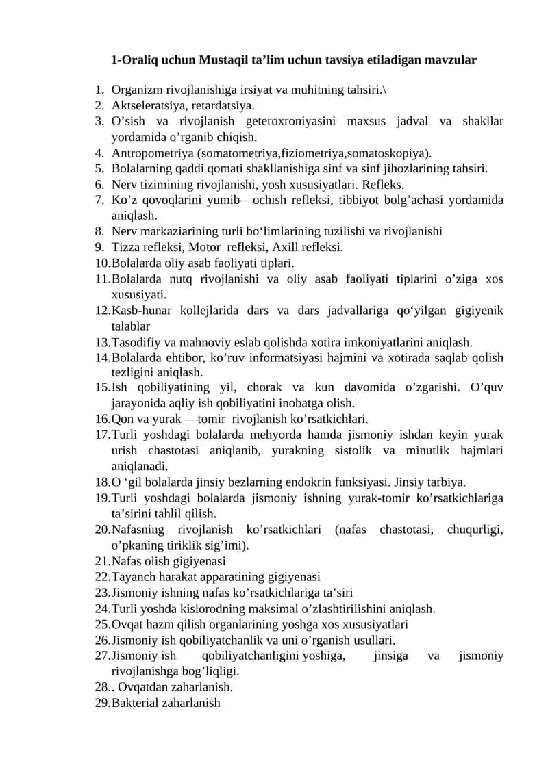 Oraliq uchun Mustaqil ta’lim uchun tavsiya etiladigan mavzular