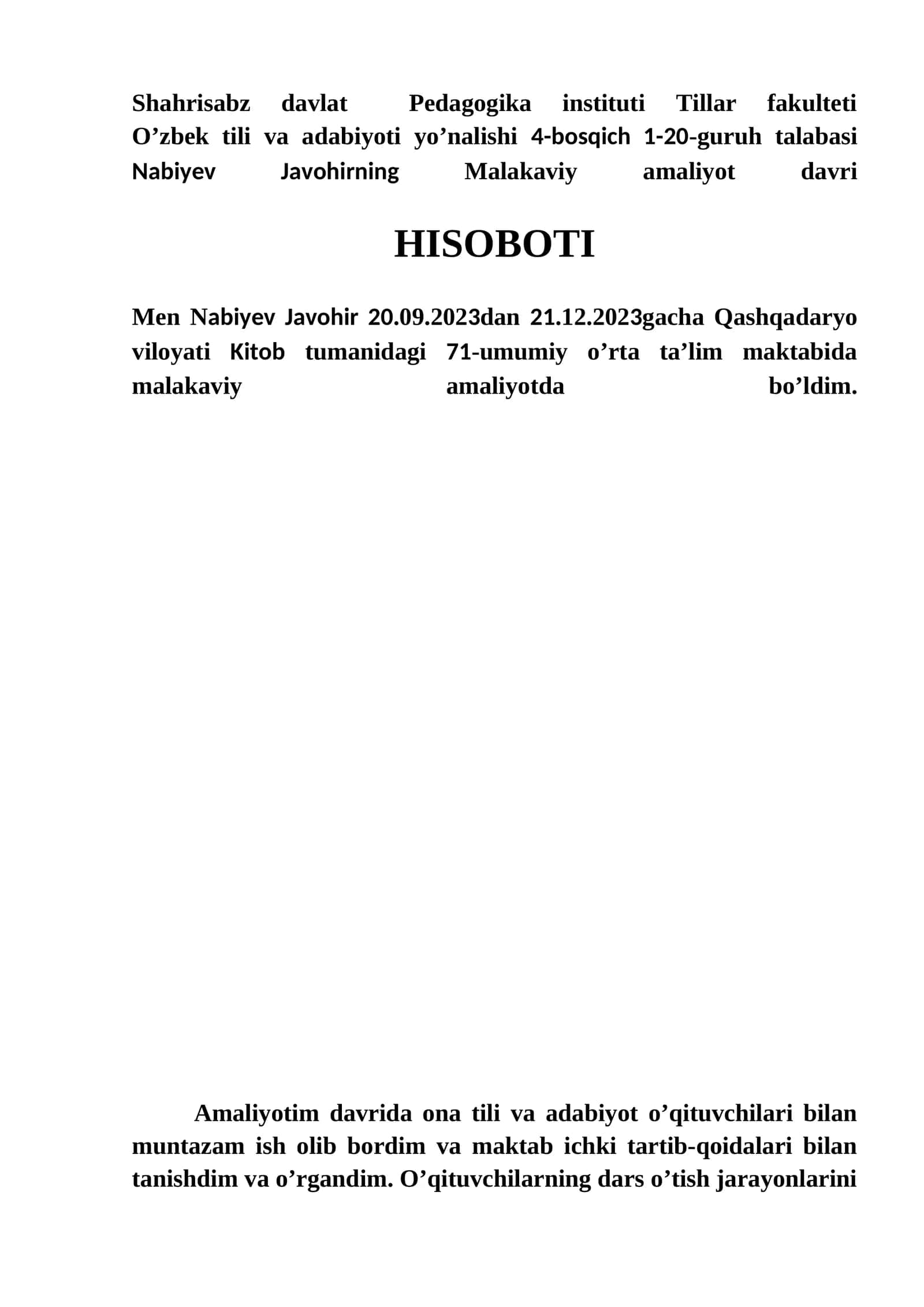 Malakaviy amaliyot davri HISOBOTI