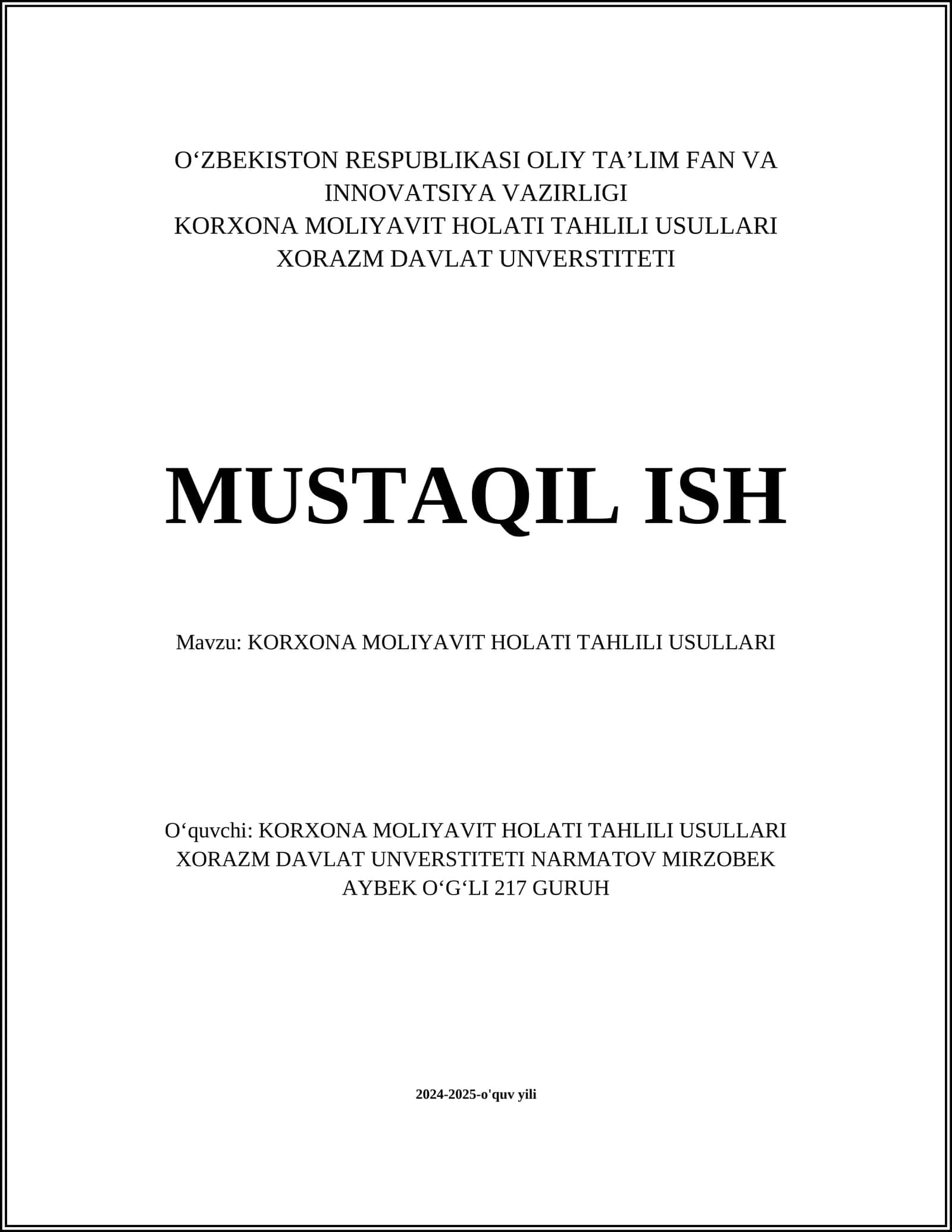 KORXONA MOLIYAVIT HOLATI TAHLILI USULLARI