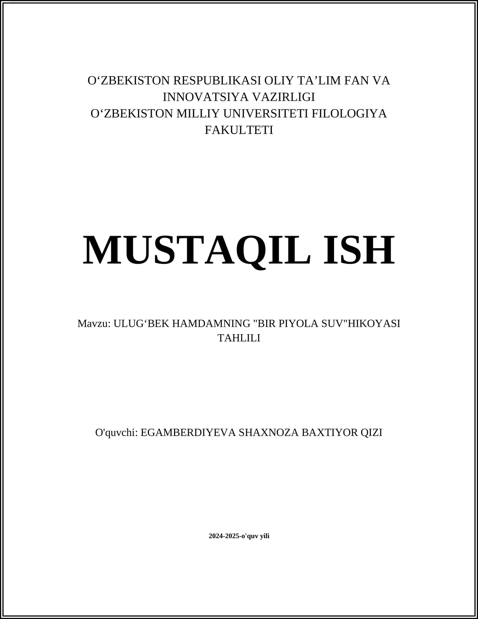 ULUGʻBEK HAMDAMNING "BIR PIYOLA SUV"HIKOYASI TAHLILI