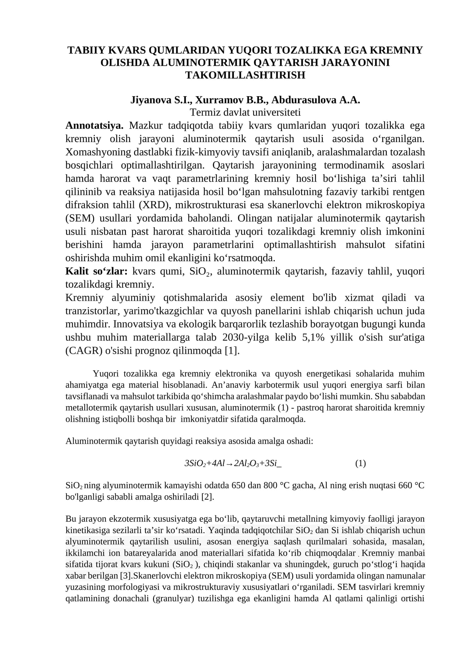 TABIIY KVARS QUMLARIDAN YUQORI TOZALIKKA EGA KREMNIY OLISHDA ALUMINOTERMIK QAYTARISH JARAYONINI TAKOMILLASHTIRISH