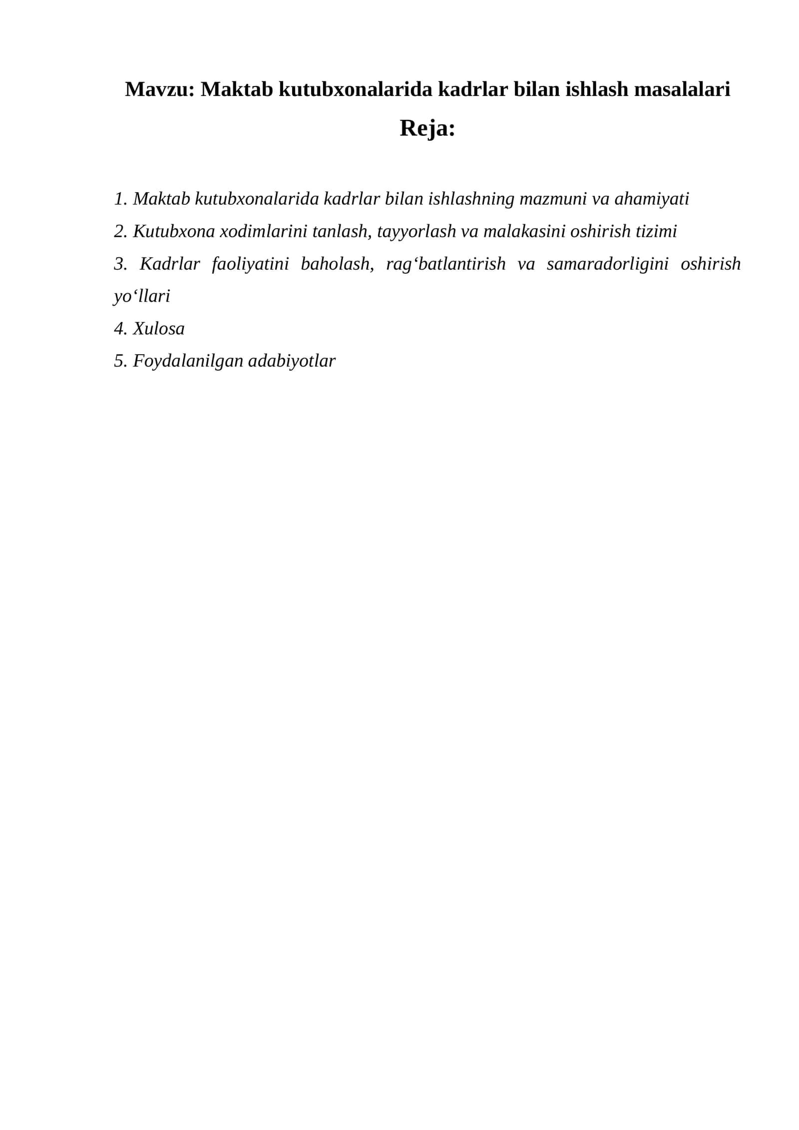 Maktab kutubxonalarida kadrlar bilan ishlash masalalari