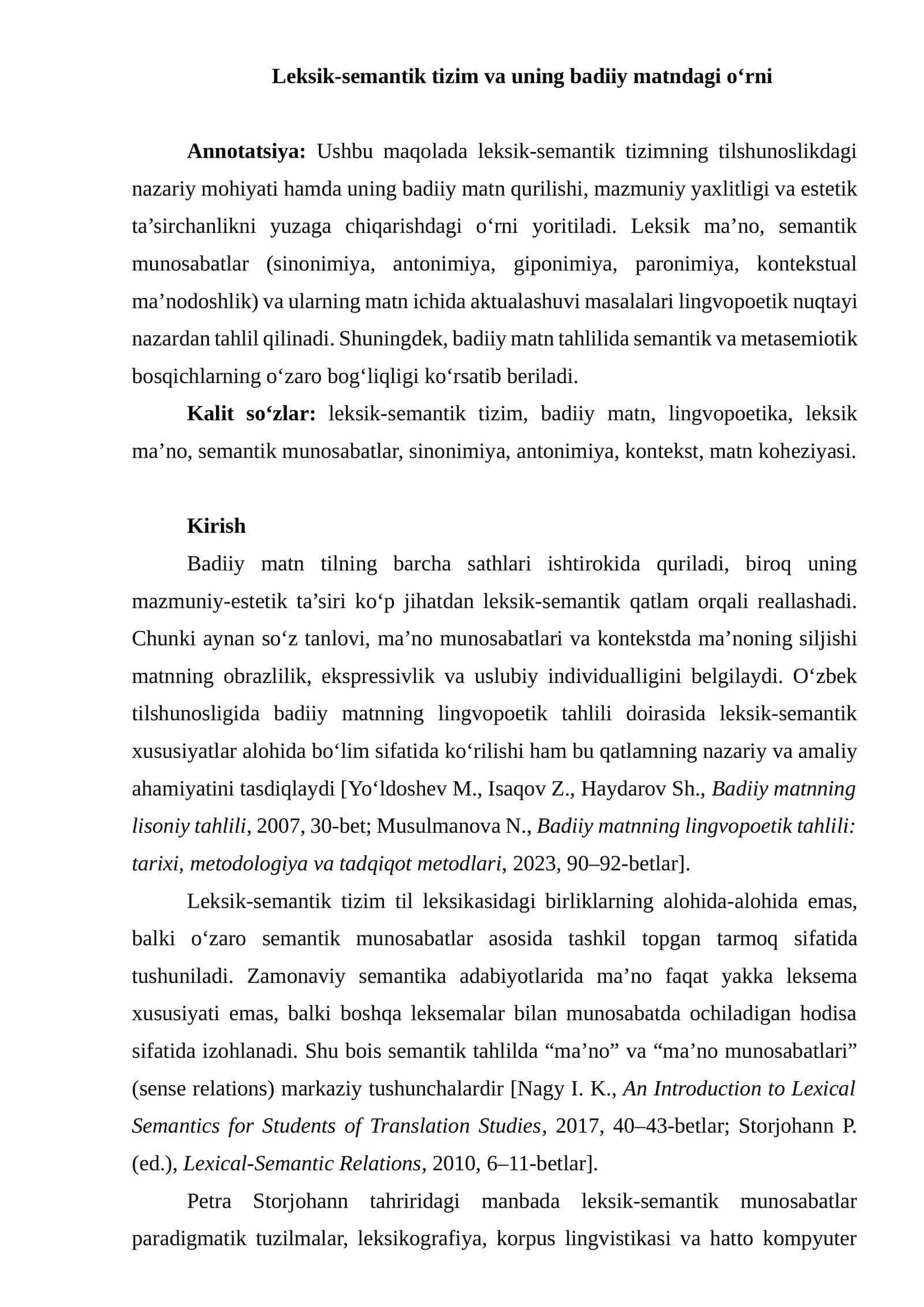 Leksik-semantik tizim va uning badiiy matndagi o‘rni