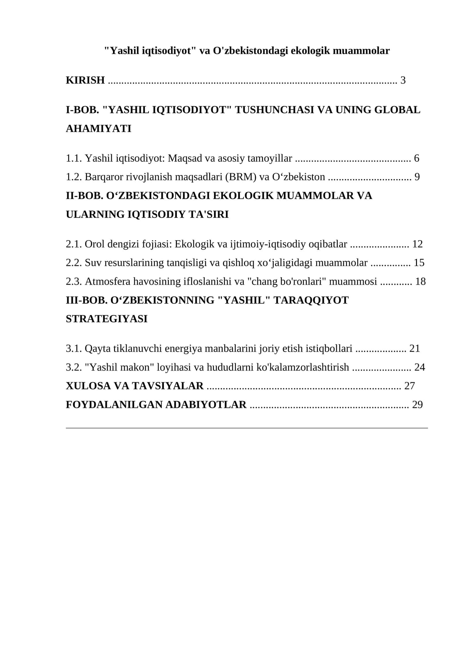 "Yashil iqtisodiyot" va O'zbekistondagi ekologik muammolar