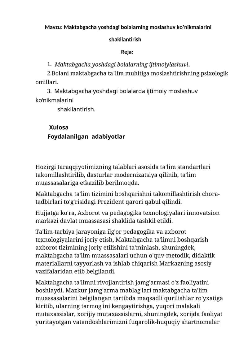 Maktabgacha yoshdagi bolalarning moslashuv ko’nikmalarini shakllantirish