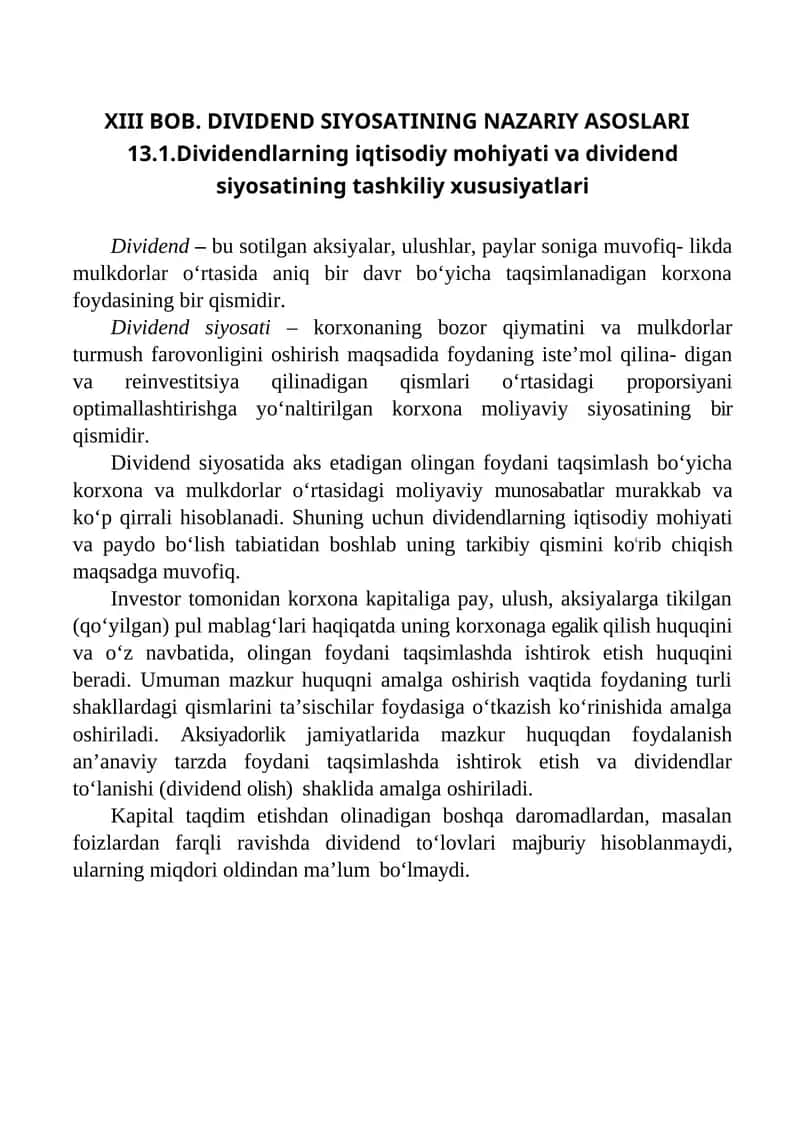 DIVIDEND SIYOSATINING NAZARIY ASOSLARI