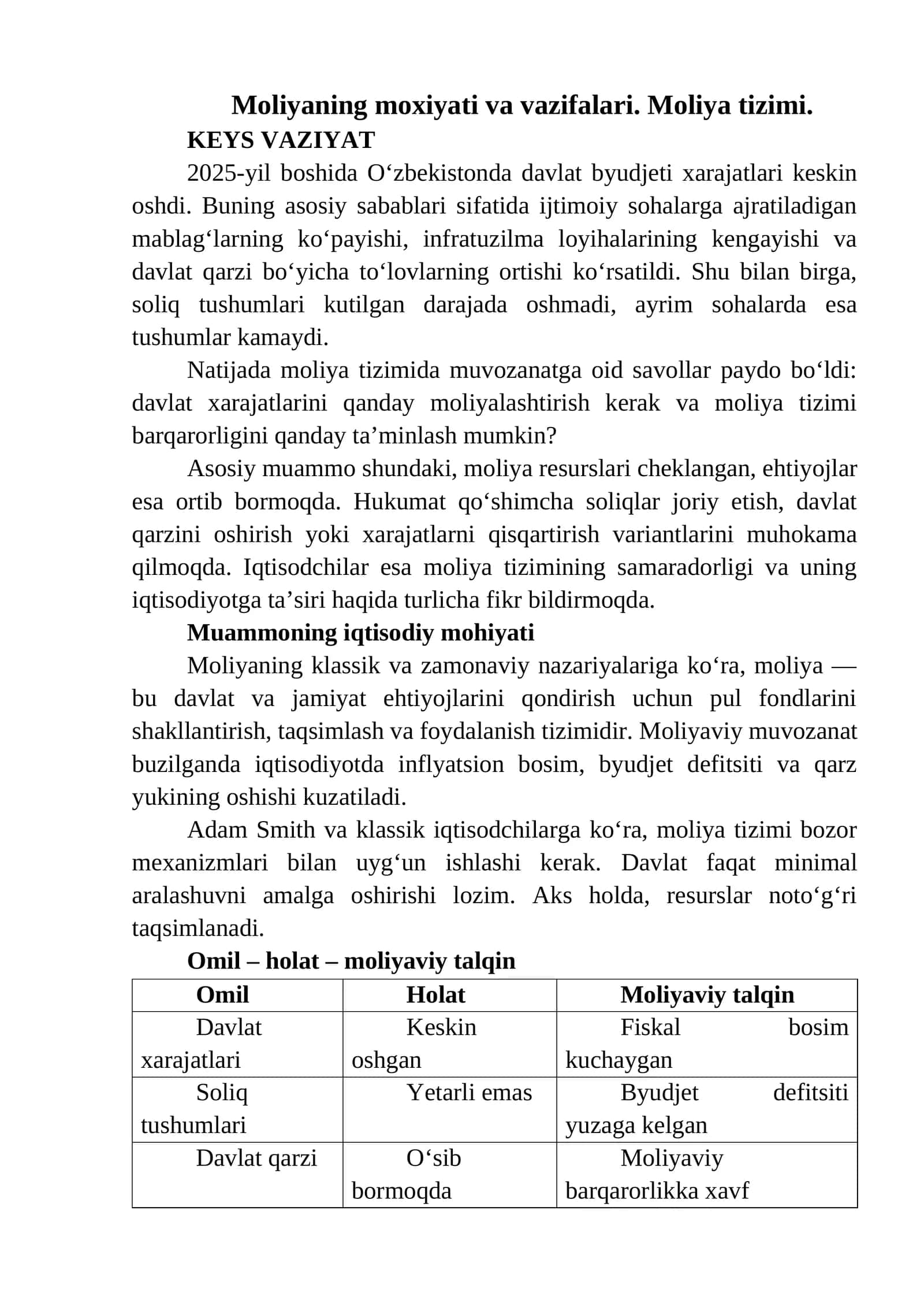 Moliyaning moxiyati va vazifalari. Moliya tizimi