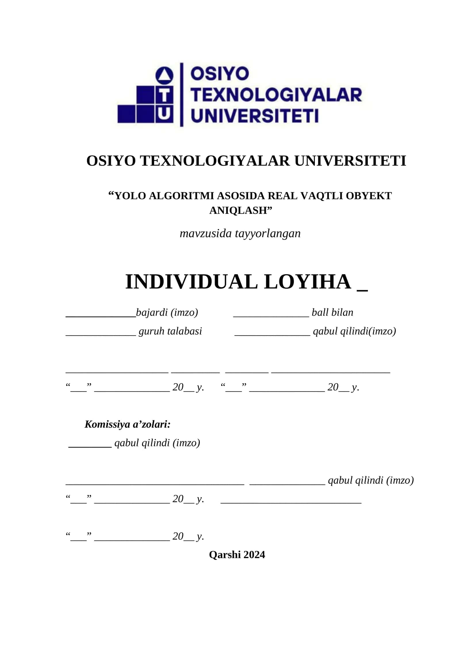 YOLO ALGORITMI ASOSIDA REAL VAQTLI OBYEKT ANIQLASH