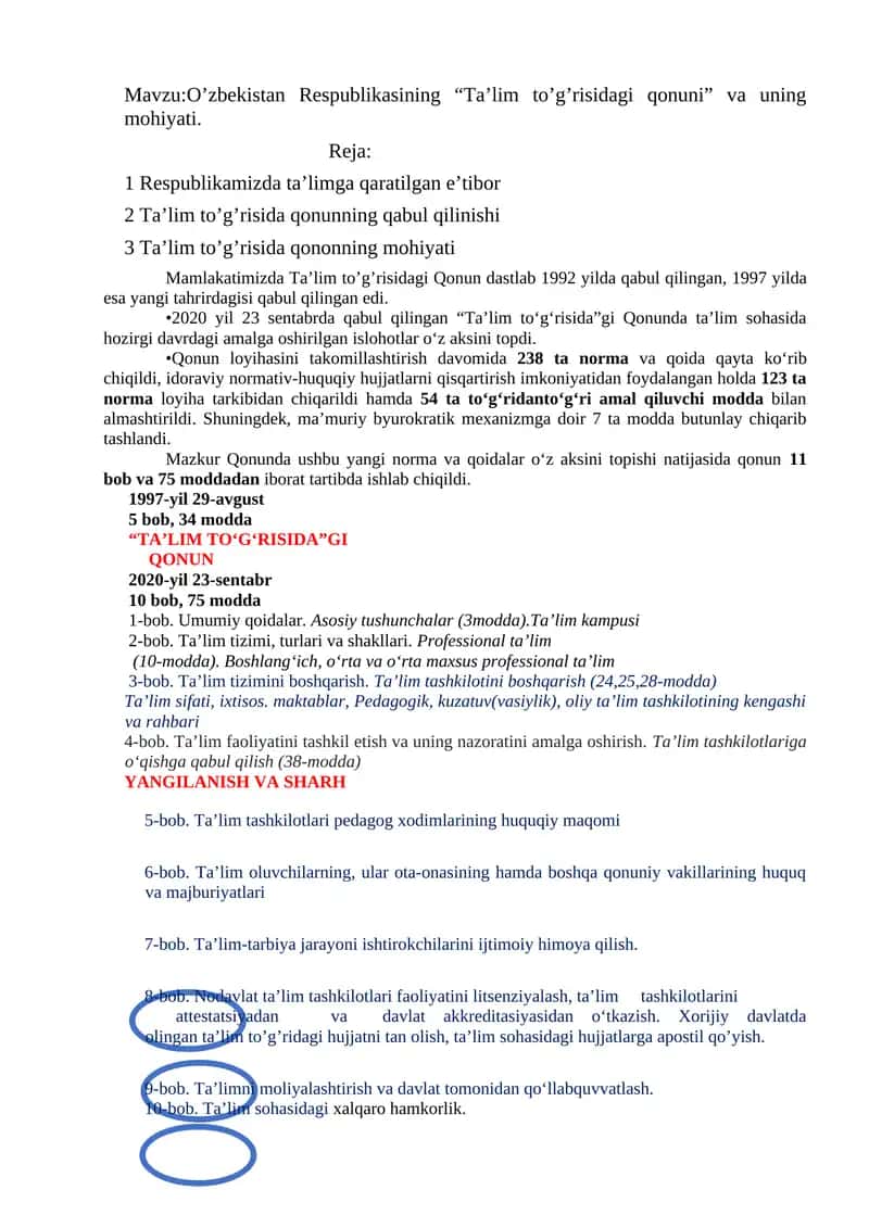 O’zbekistan Respublikasining “Ta’lim to’g’risidagi qonuni” va uning mohiyati.
