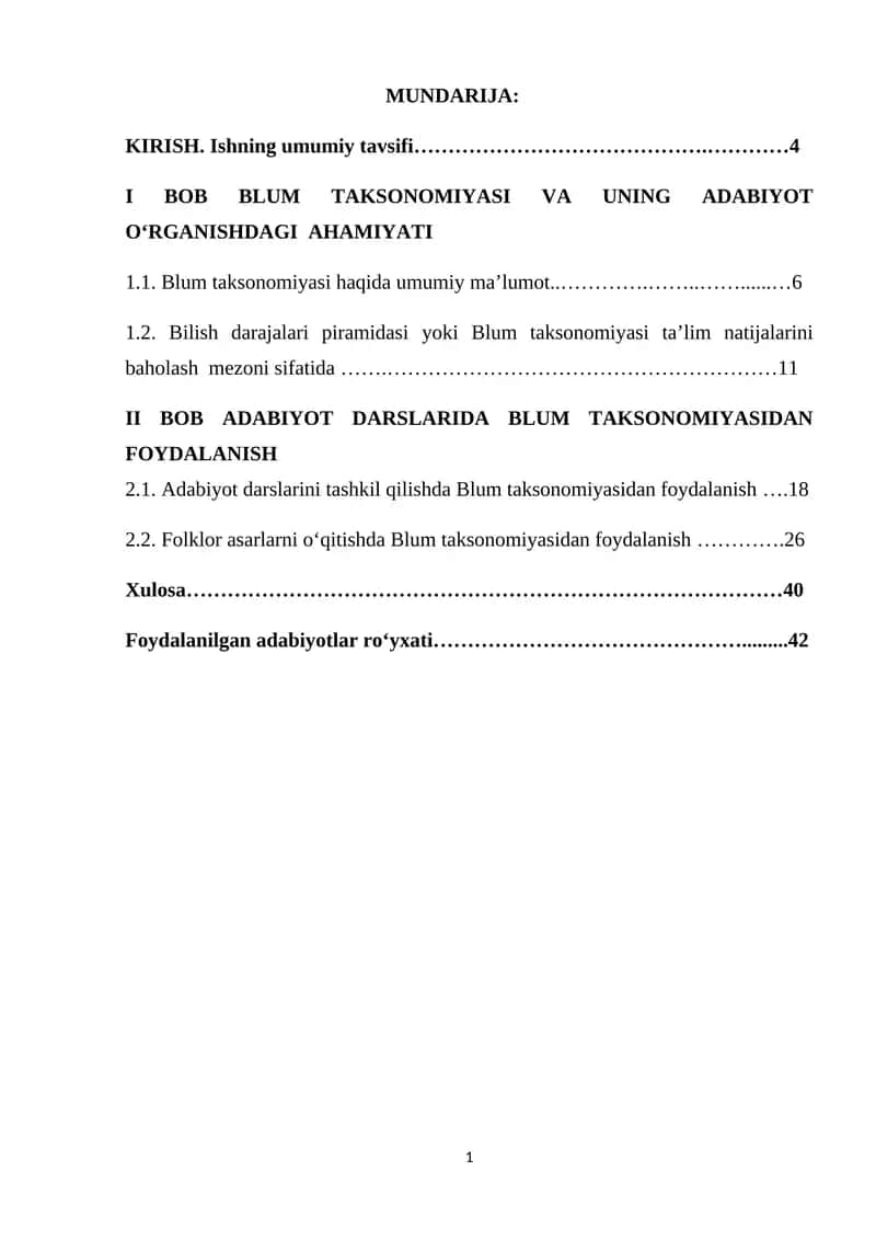 Blum taksonmiyasi va uning adabiyot oʻqitishdagi ahamiyati
