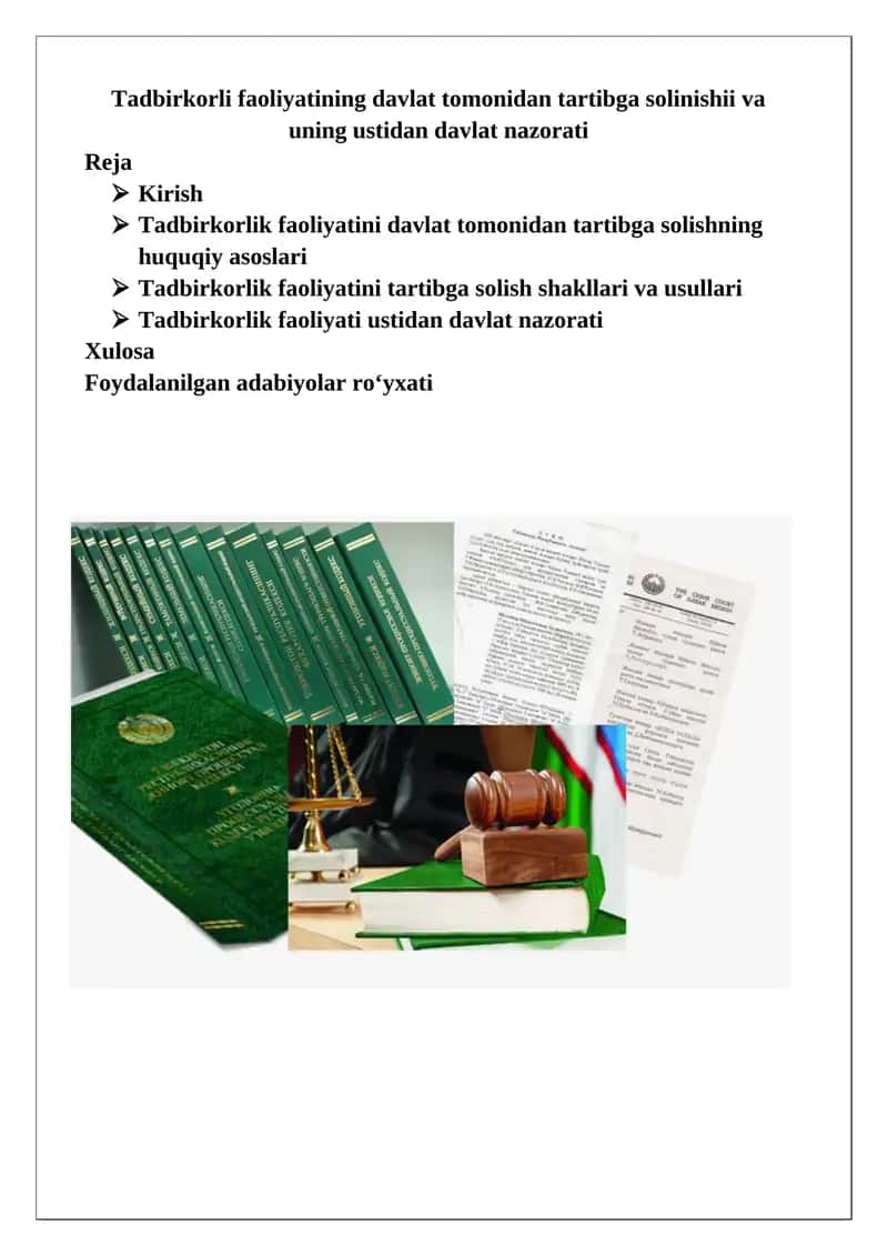 Tadbirkorlik faoliyati davlat tomonidan tartibga solinishi