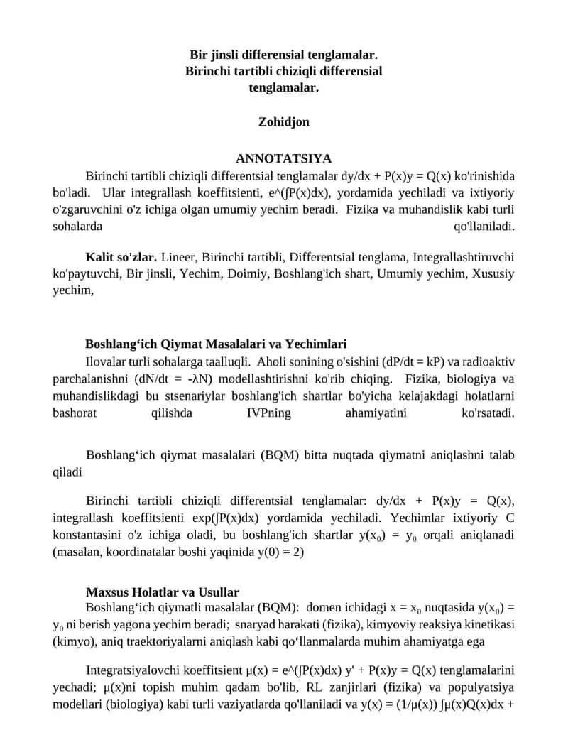 Birinchi tartibli chiziqli differensial tenglamalar