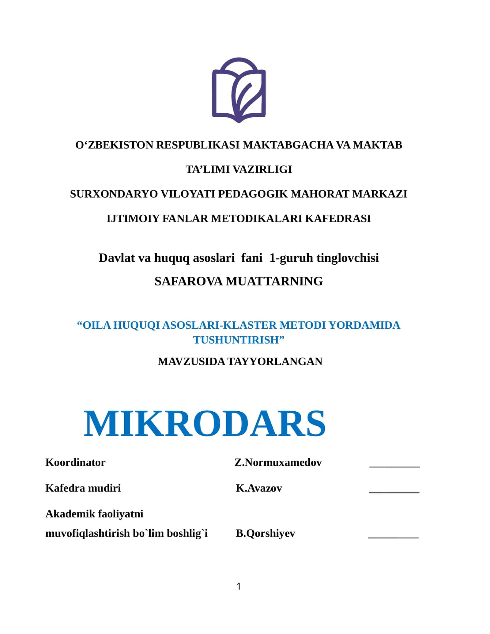 Oila huquqi Klaster metodi orqali mikrodars
