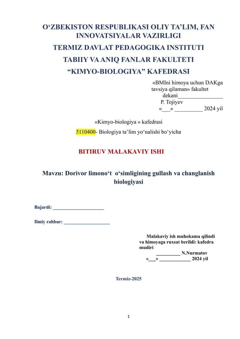 Dorivor limono‘t o‘simligining gullash va changlanish biologiyasi