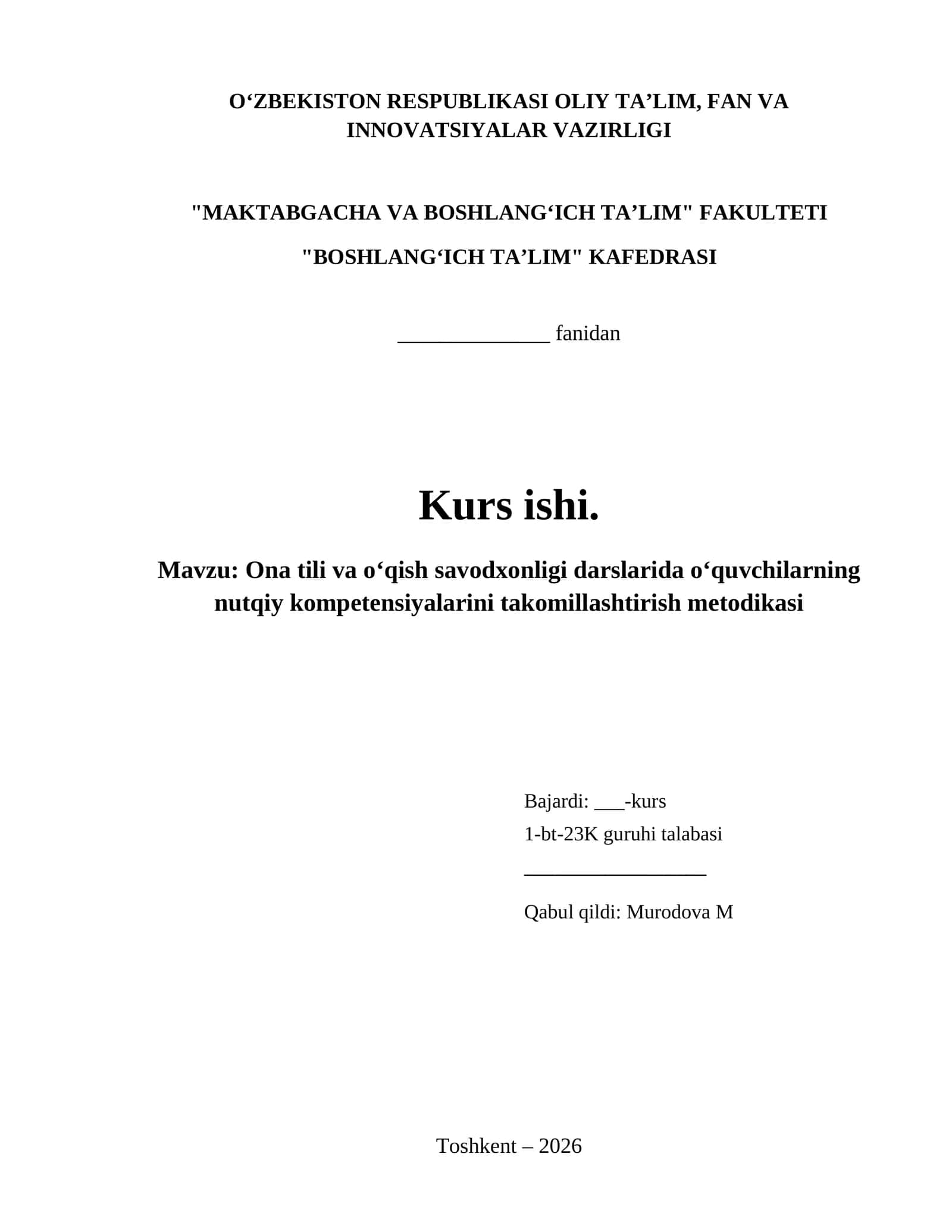 Ona tili va oʻqish savodxonligi darslarida oʻquvchilarning nutqiy kompetensiyalarini takomillashtirish metodikasi