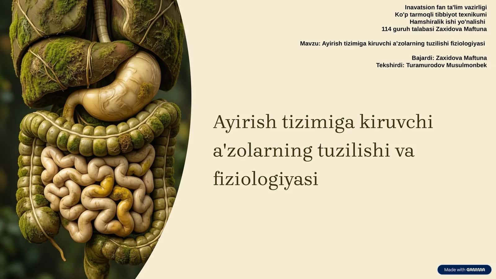 Ayirish tizimiga kiruvchi a'zolarning tuzilishi va fiziologiyasi