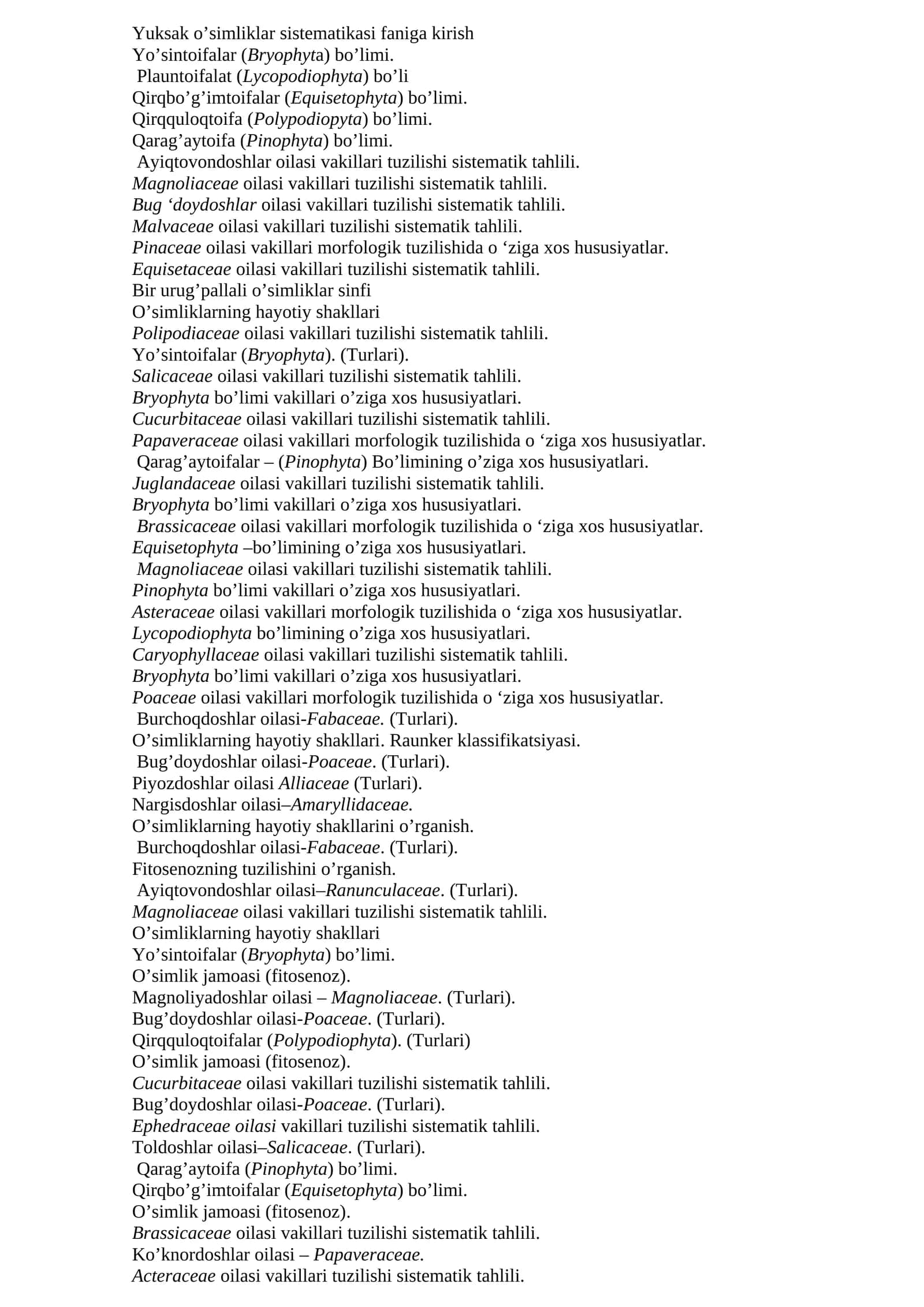 Yuksak o’simliklar sistematikasi faniga kirish