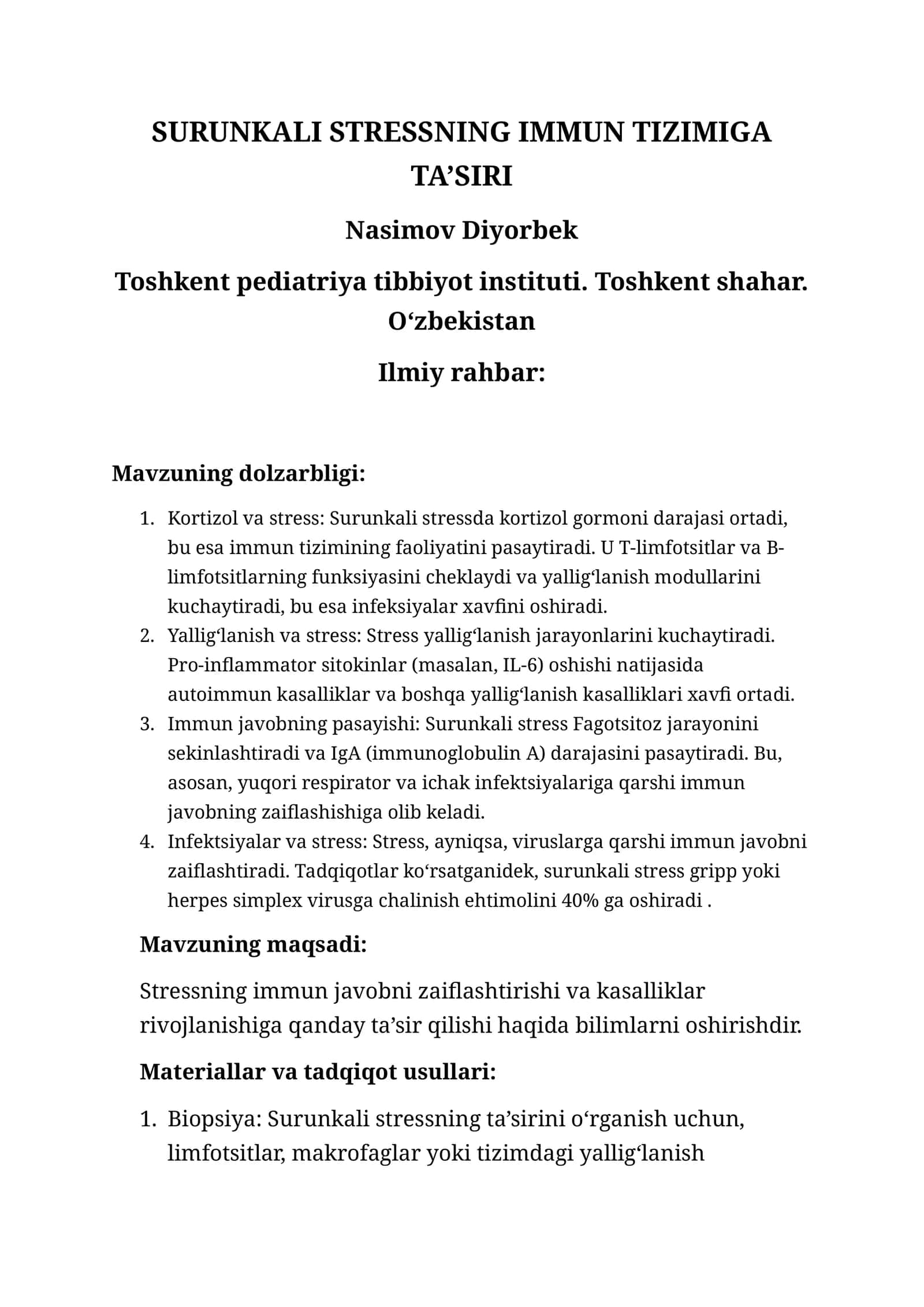 SURUNKALI STRESSNING IMMUN TIZIMIGA TA’SIRI