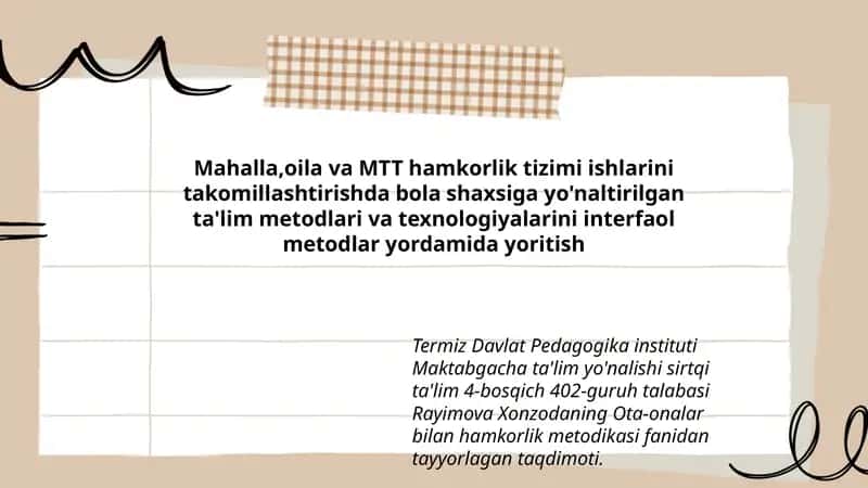 Rayimova Xonzoda Ota-onalar bilan hamkorlik metodikasi fanidan tayyorlagan taqdimot