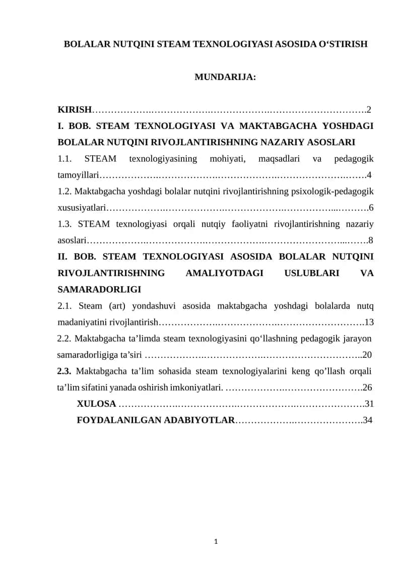 BOLALAR NUTQINI STEAM TEXNOLOGIYASI ASOSIDA O‘STIRISH