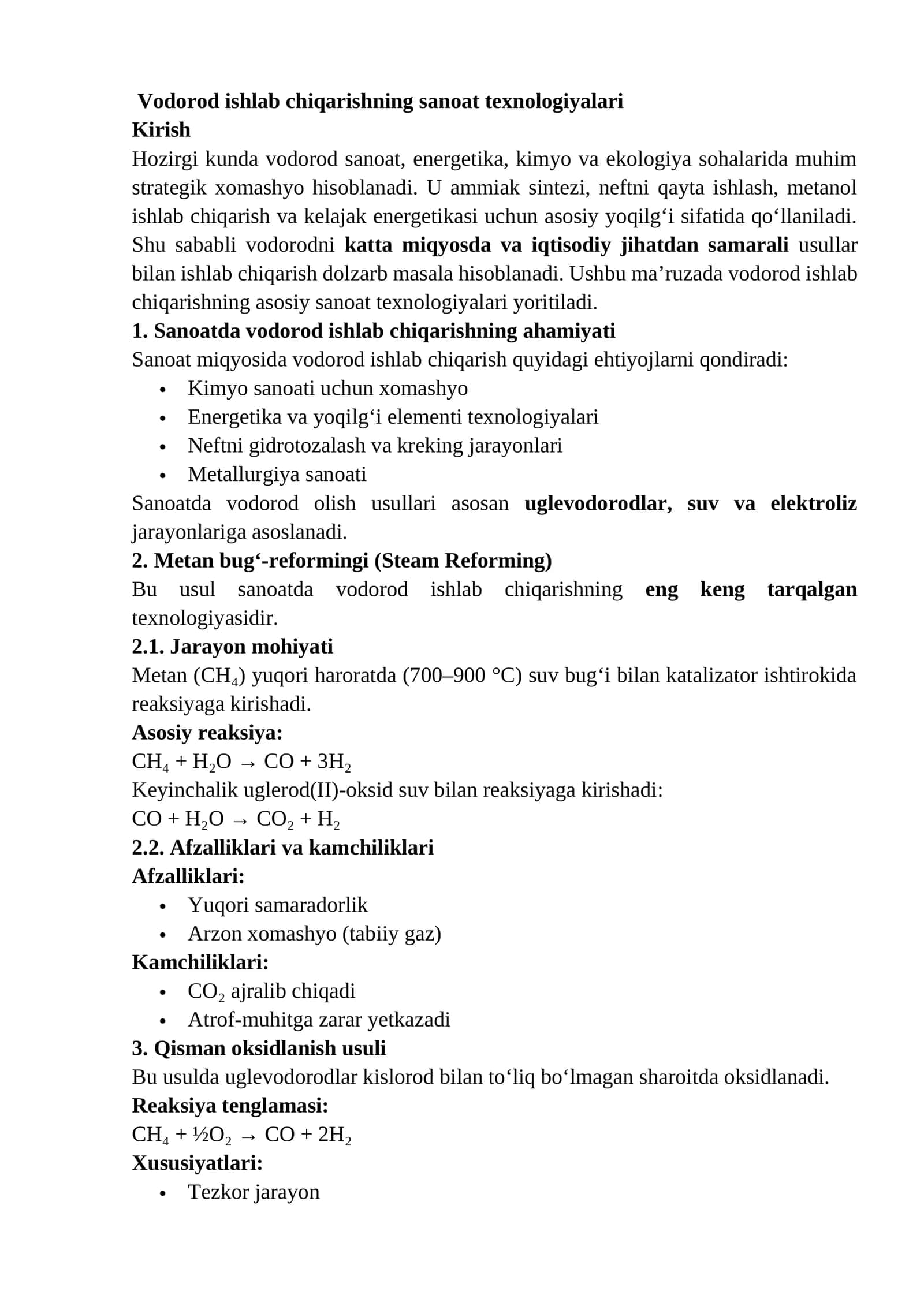 Vodorod ishlab chiqarishning sanoat texnologiyalari