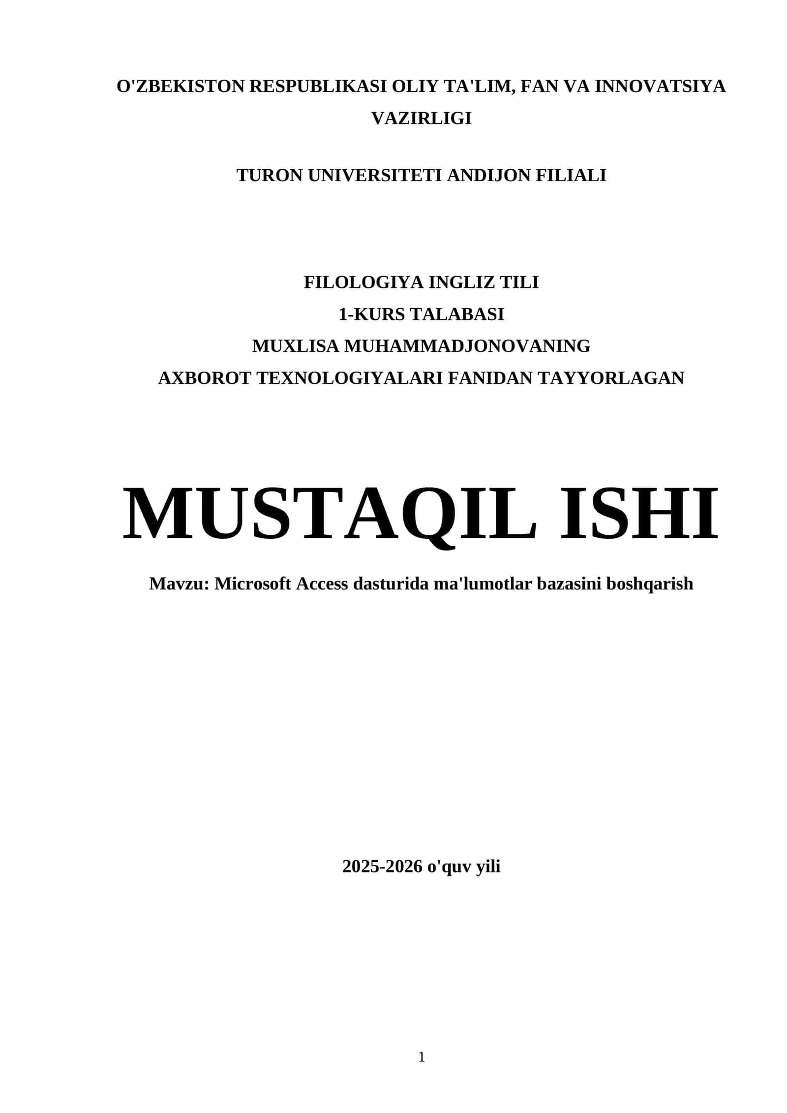 Mavzu: Microsoft Access dasturida ma'lumotlar bazasini boshqarish