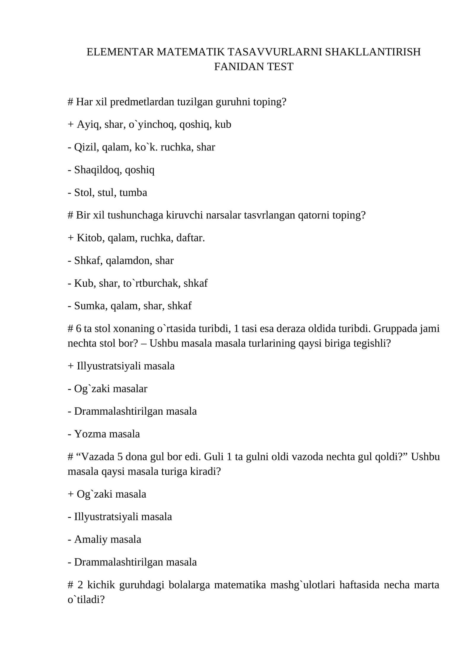 ELEMENTAR MATEMATIK TASAVVURLARNI SHAKLLANTIRISH FANIDAN TEST