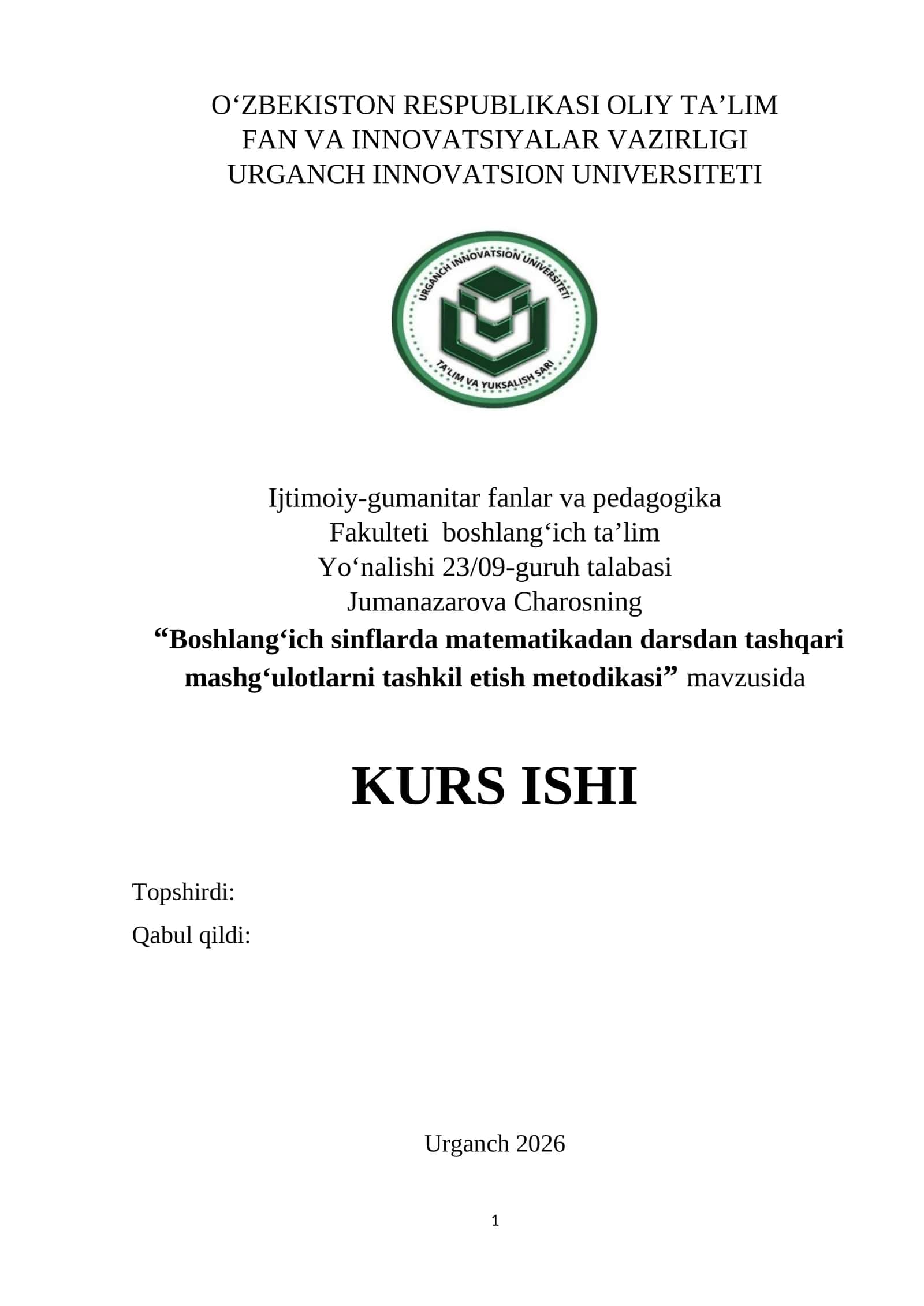 Boshlang‘ich sinflarda matematikadan darsdan tashqari mashg‘ulotlarni tashkil etish metodikasi