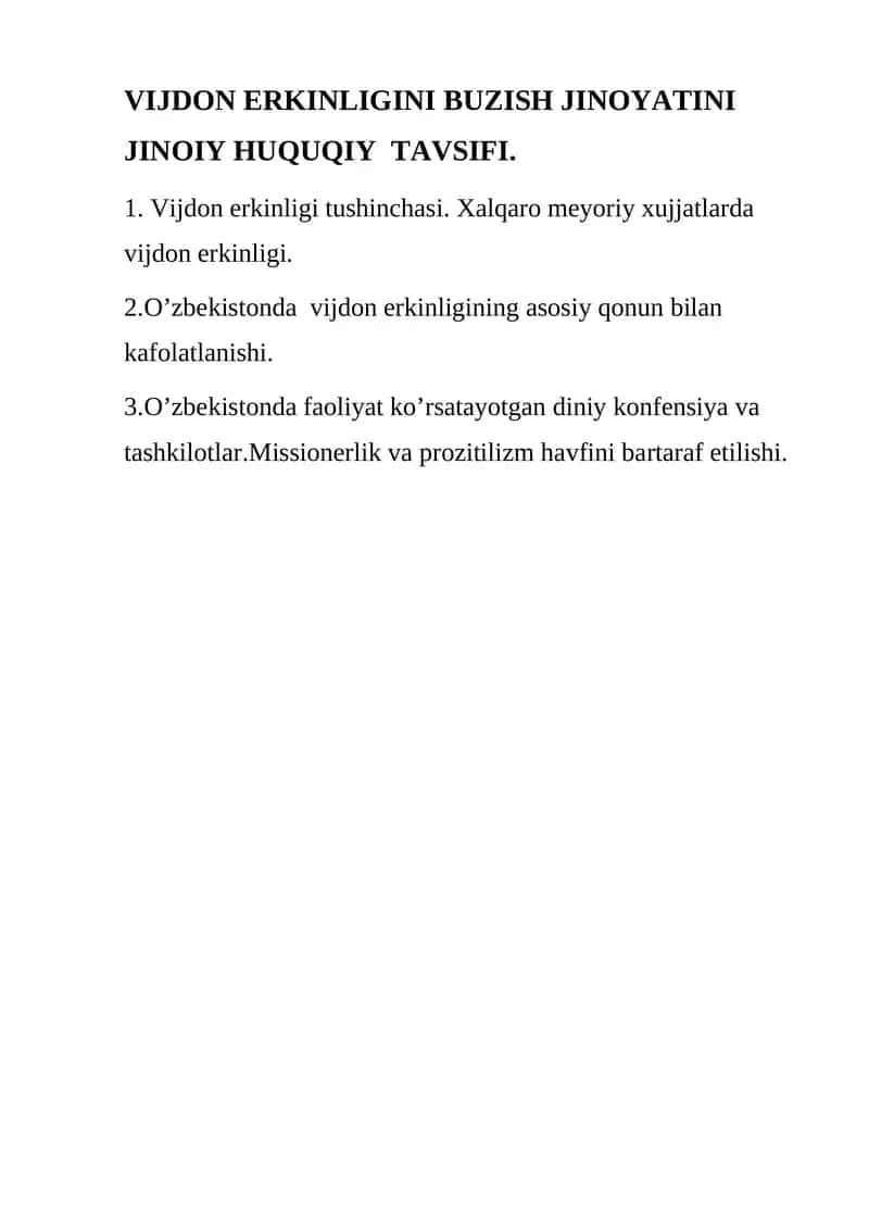 Vijdon Erkinligi Buzish Jinoiy Huquqiy Tavsifi