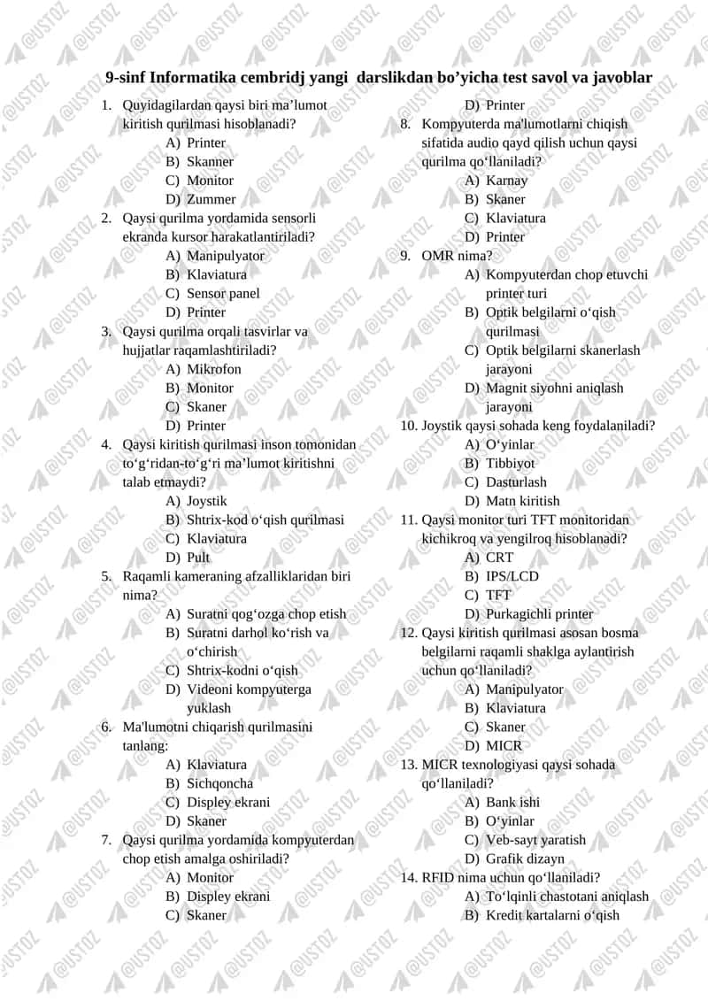 9-sinf Informatika cembridj yangi darslikdan bo’yicha test savol va javoblar