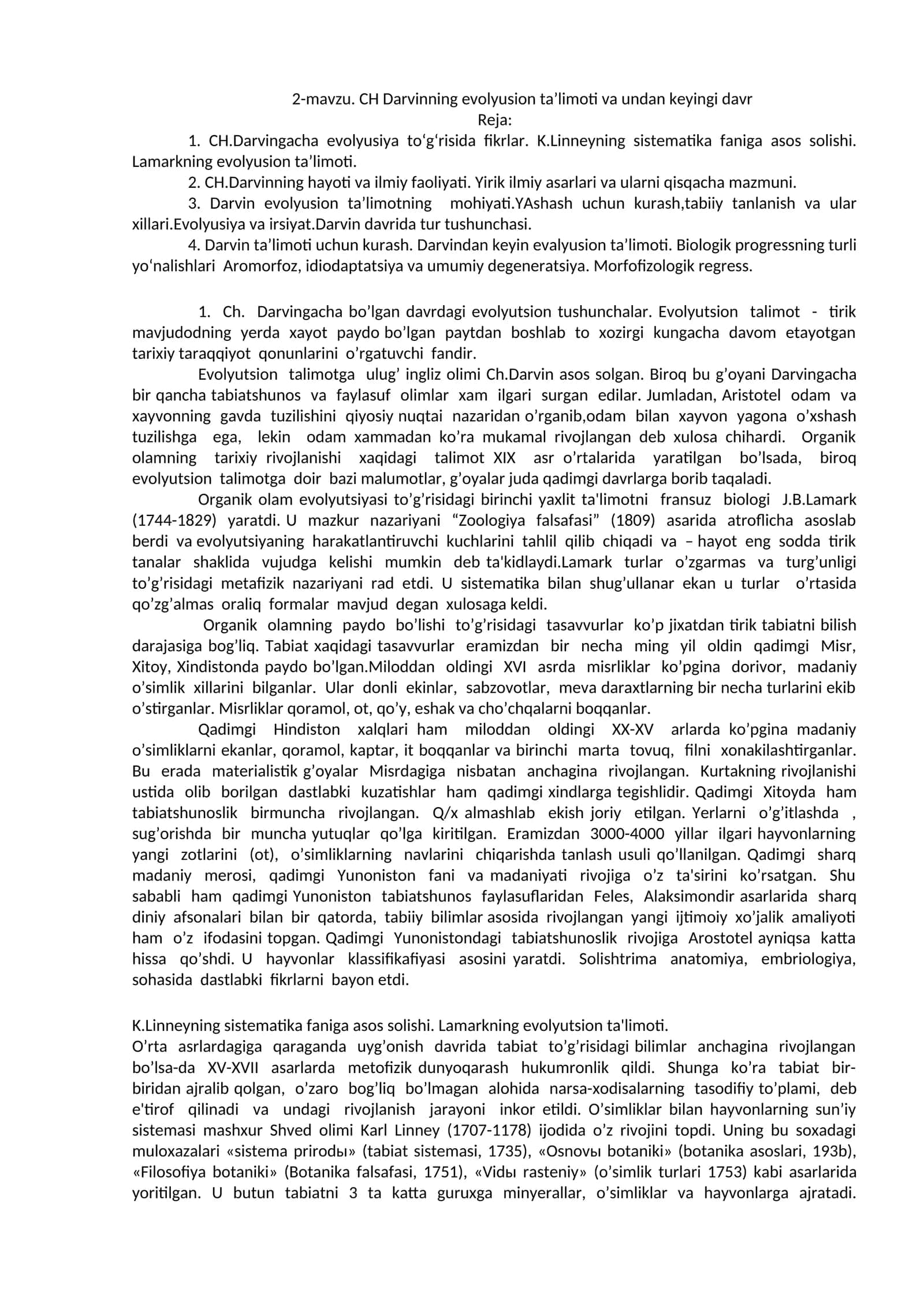 CH Darvinning evolyusion ta'limoti va undan keyingi davr