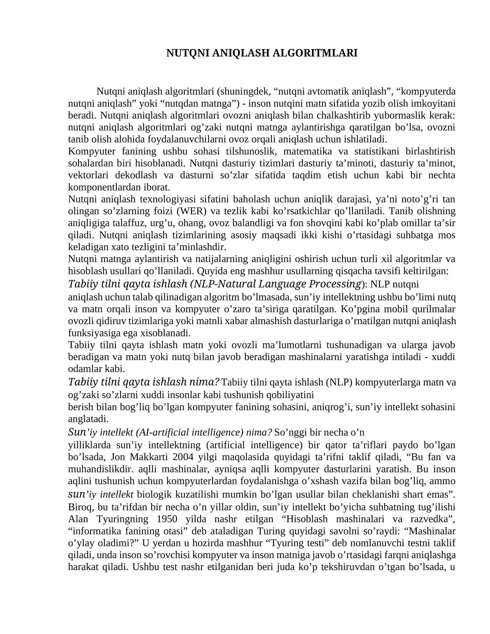 NUTQNI ANIQLASH ALGORITMLARI