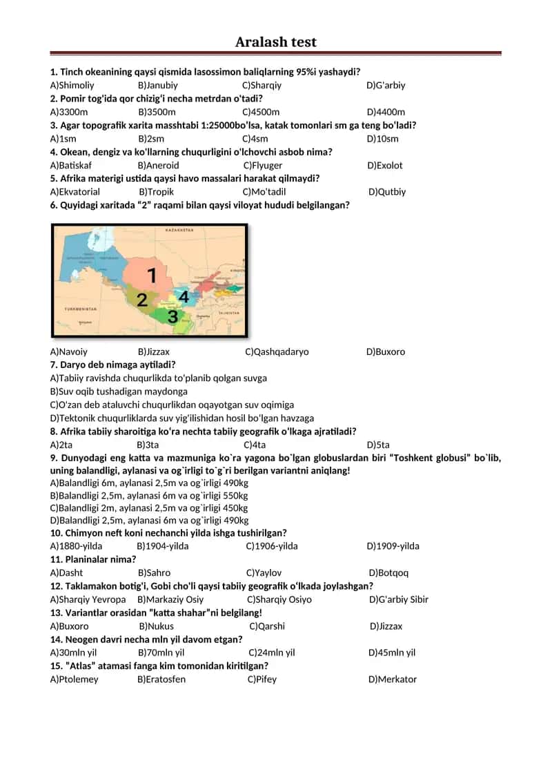 Geografiya fanidan aralash test.