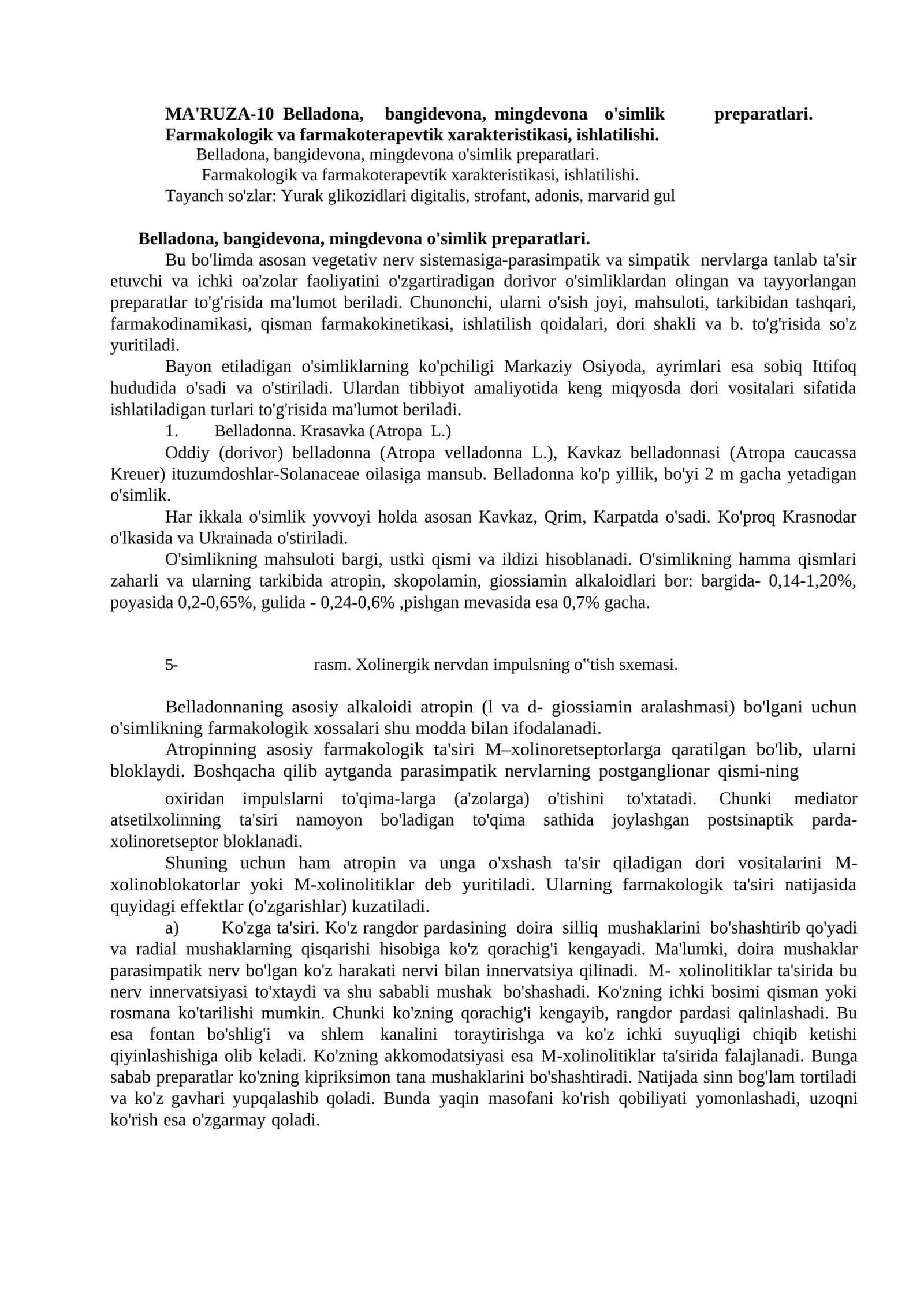 MA'RUZA-10 Belladona, bangidevona, mingdevona o'simlik preparatlari
