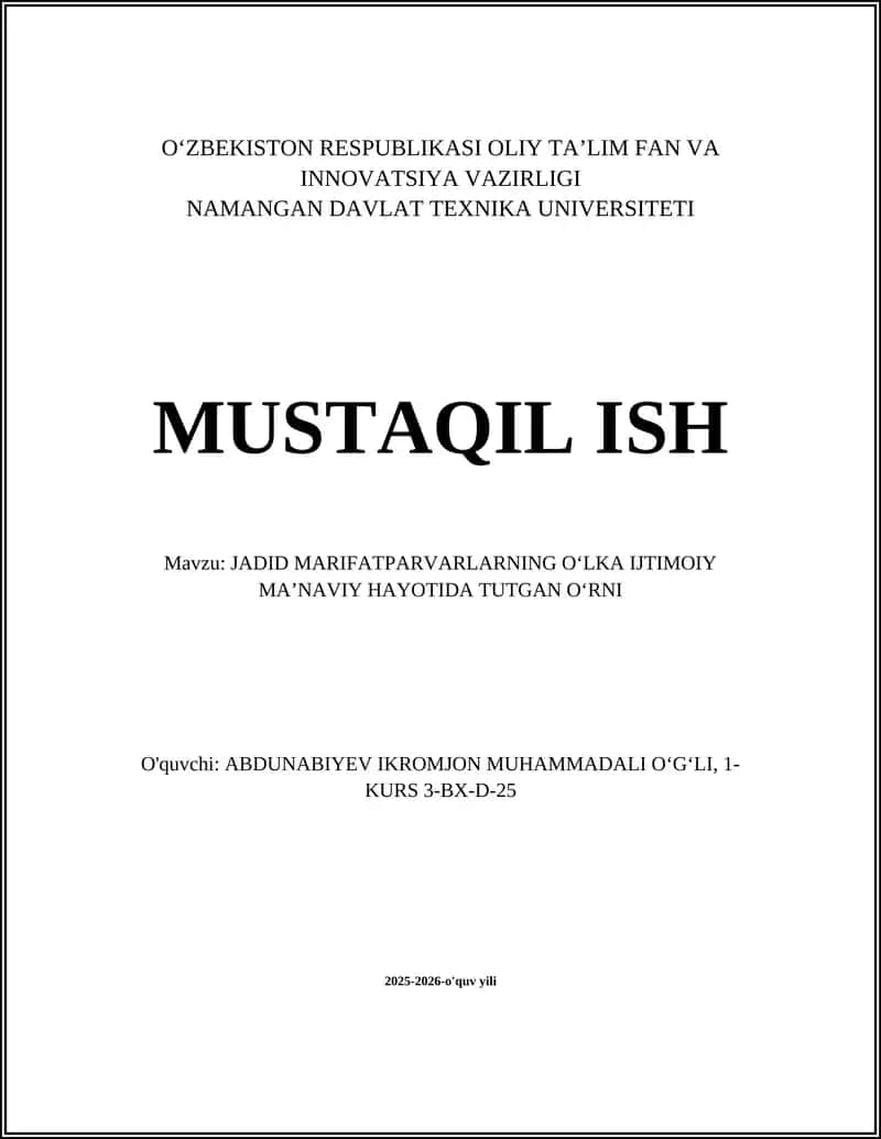 JADID MARIFATPARVARLARNING OʻLKA IJTIMOIY MAʼNAVIY HAYOTIDA TUTGAN OʻRNI