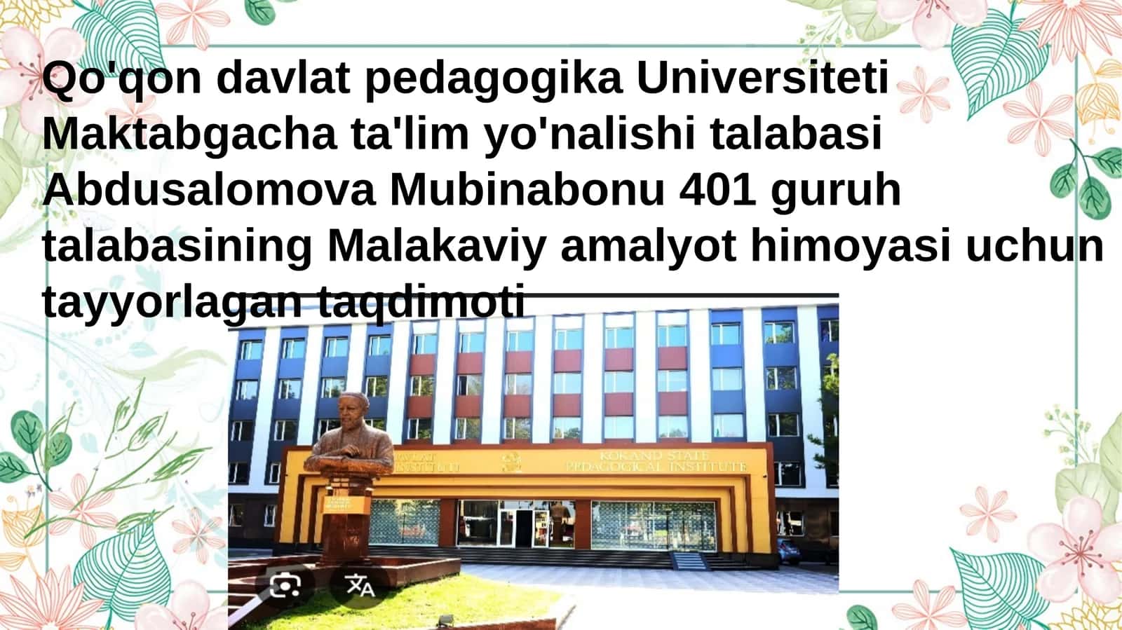 Maktabgacha ta'lim yo'nalishi talabasi Malakaviy amaliy yo'timoyasi uchun tayyorlagan taqdimot