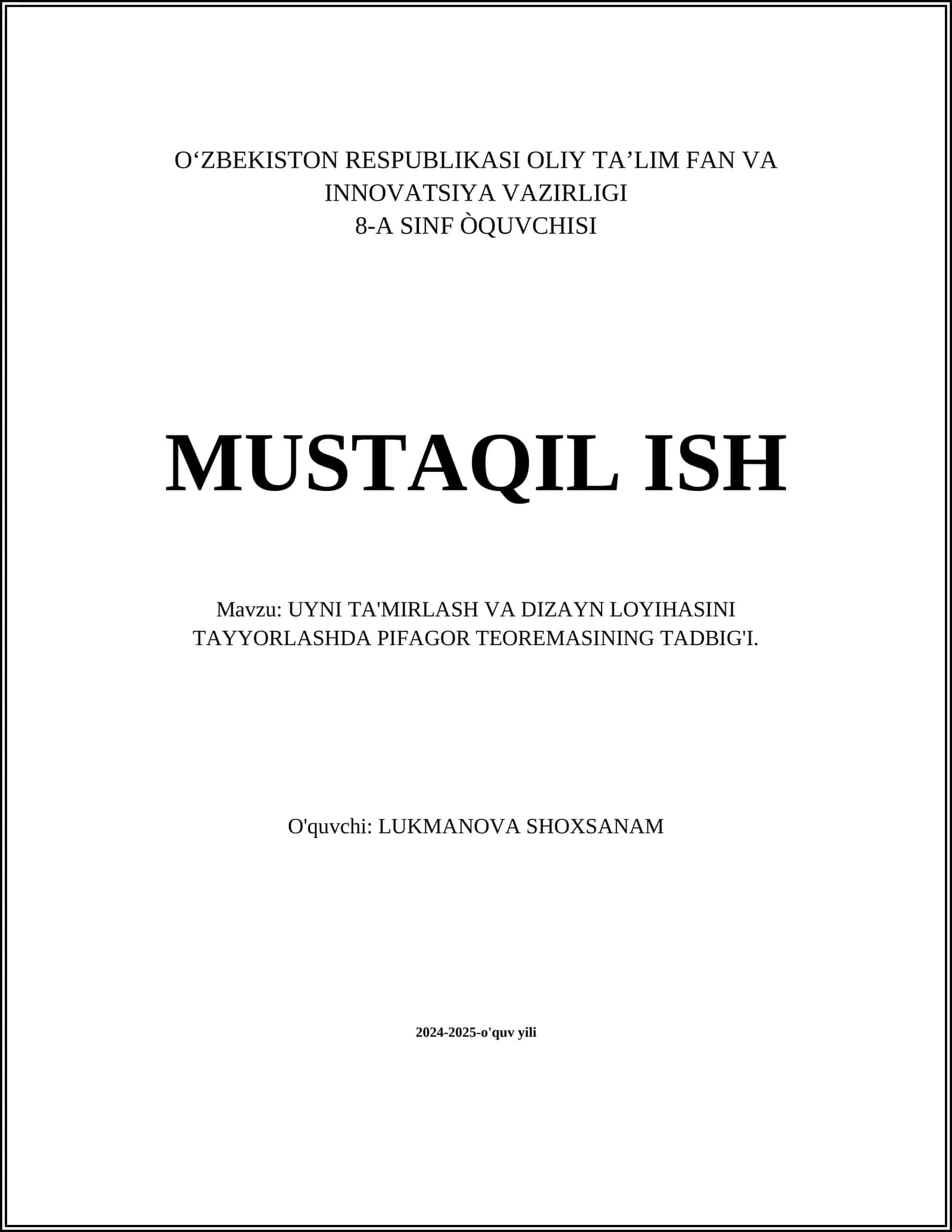 UYNI TA'MIRLASH VA DIZAYN LOYIHASINI TAYYORLASHDA PIFAGOR TEOREMASINING TADBIG'I
