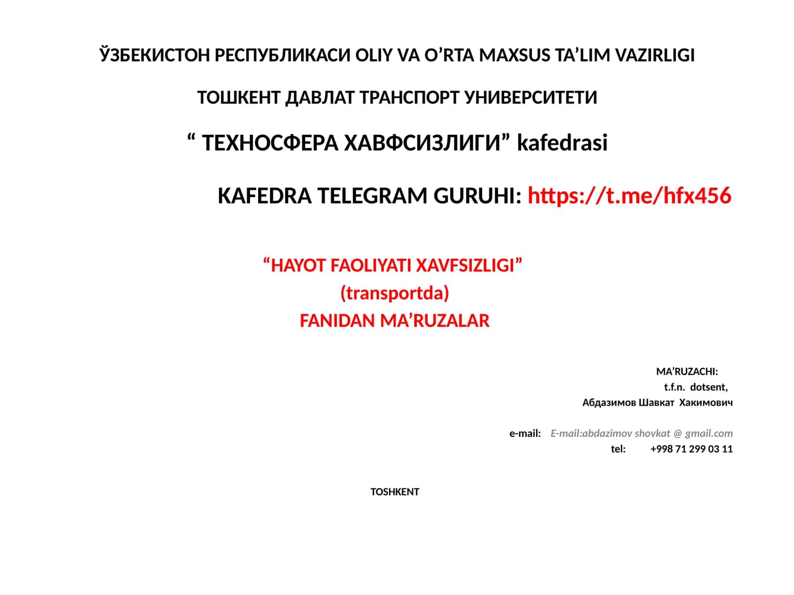 Ҳаёт фаолияти хавфсизлиги (транспортда)