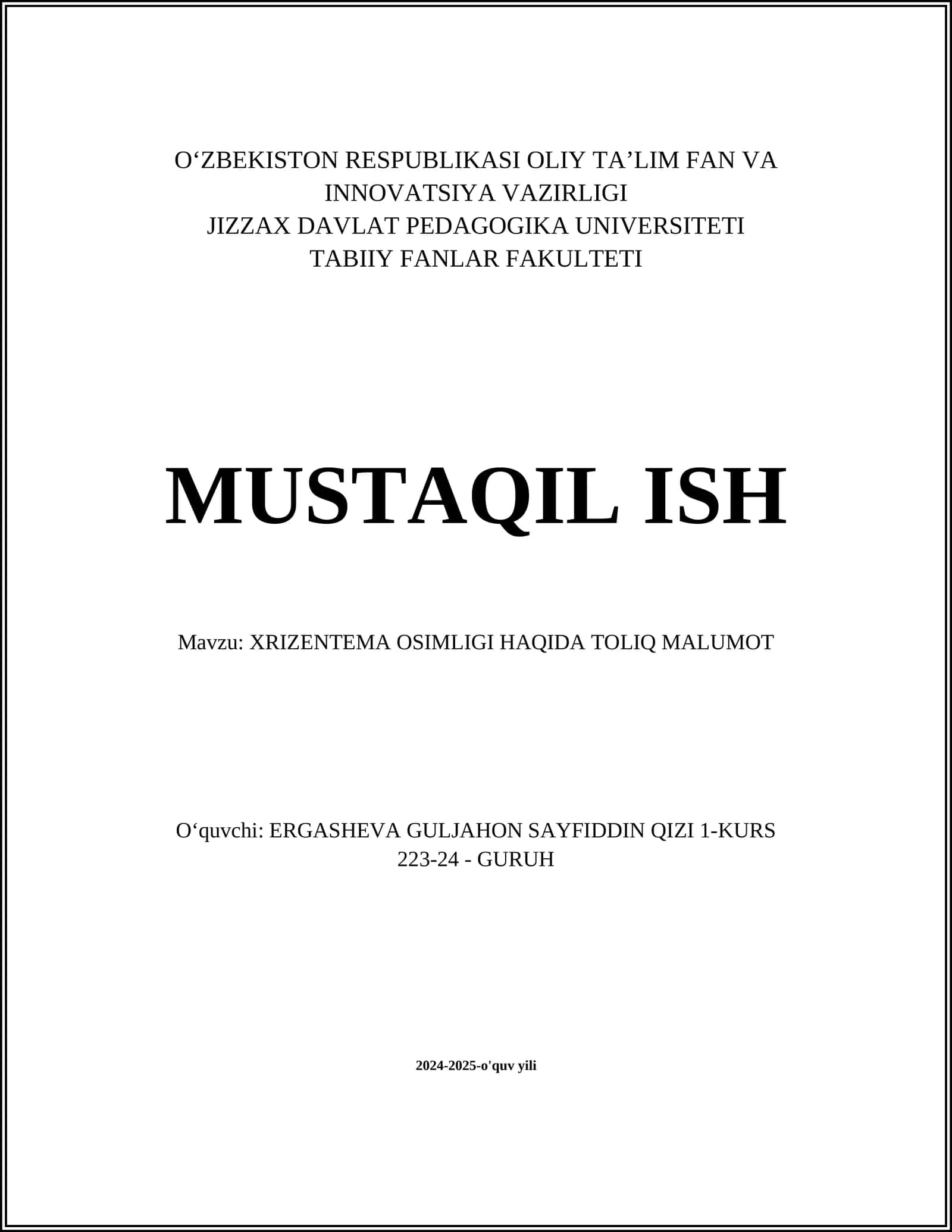 XRIZENTEMA OSIMLIGI HAQIDA TOLIQ MALUMOT