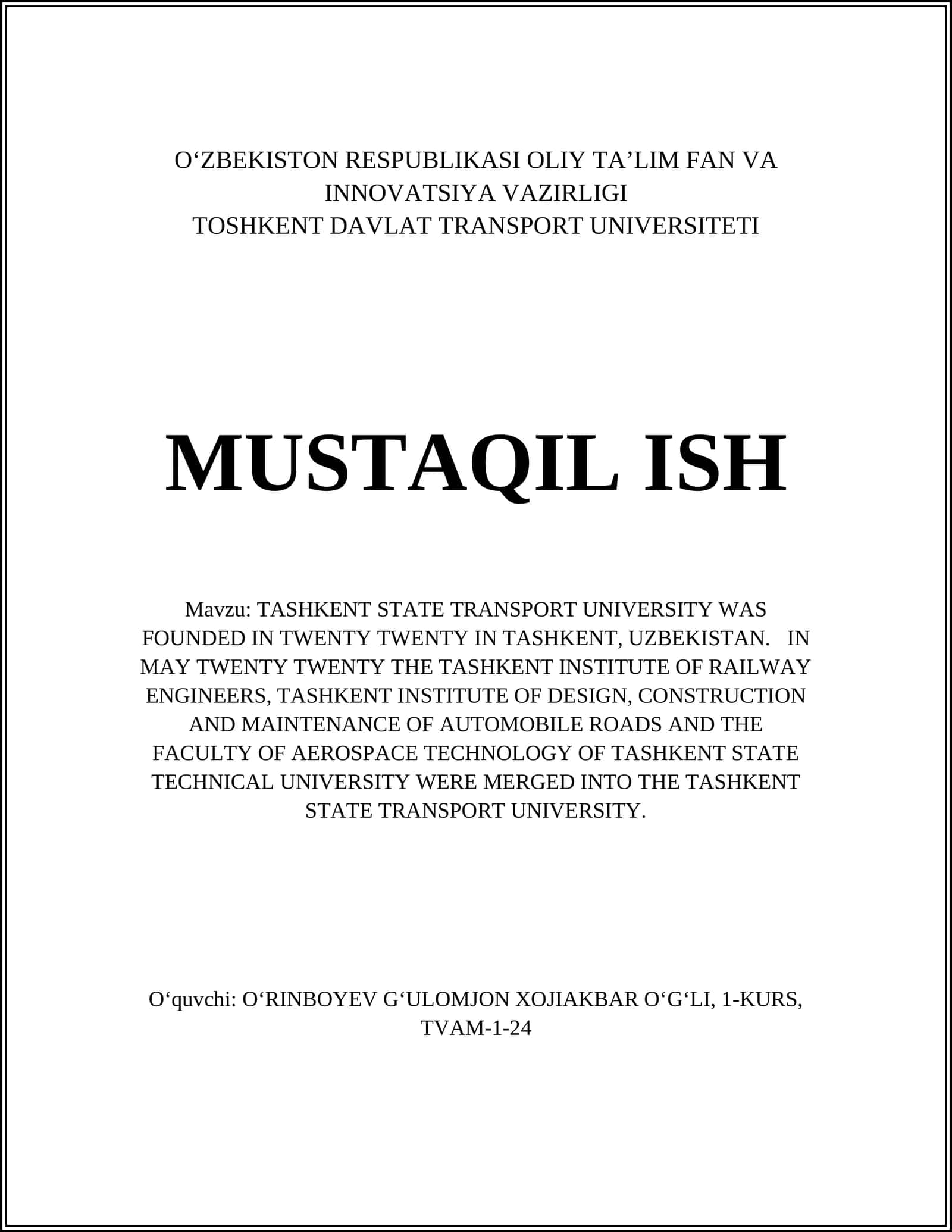 Tashkent State Transport University History