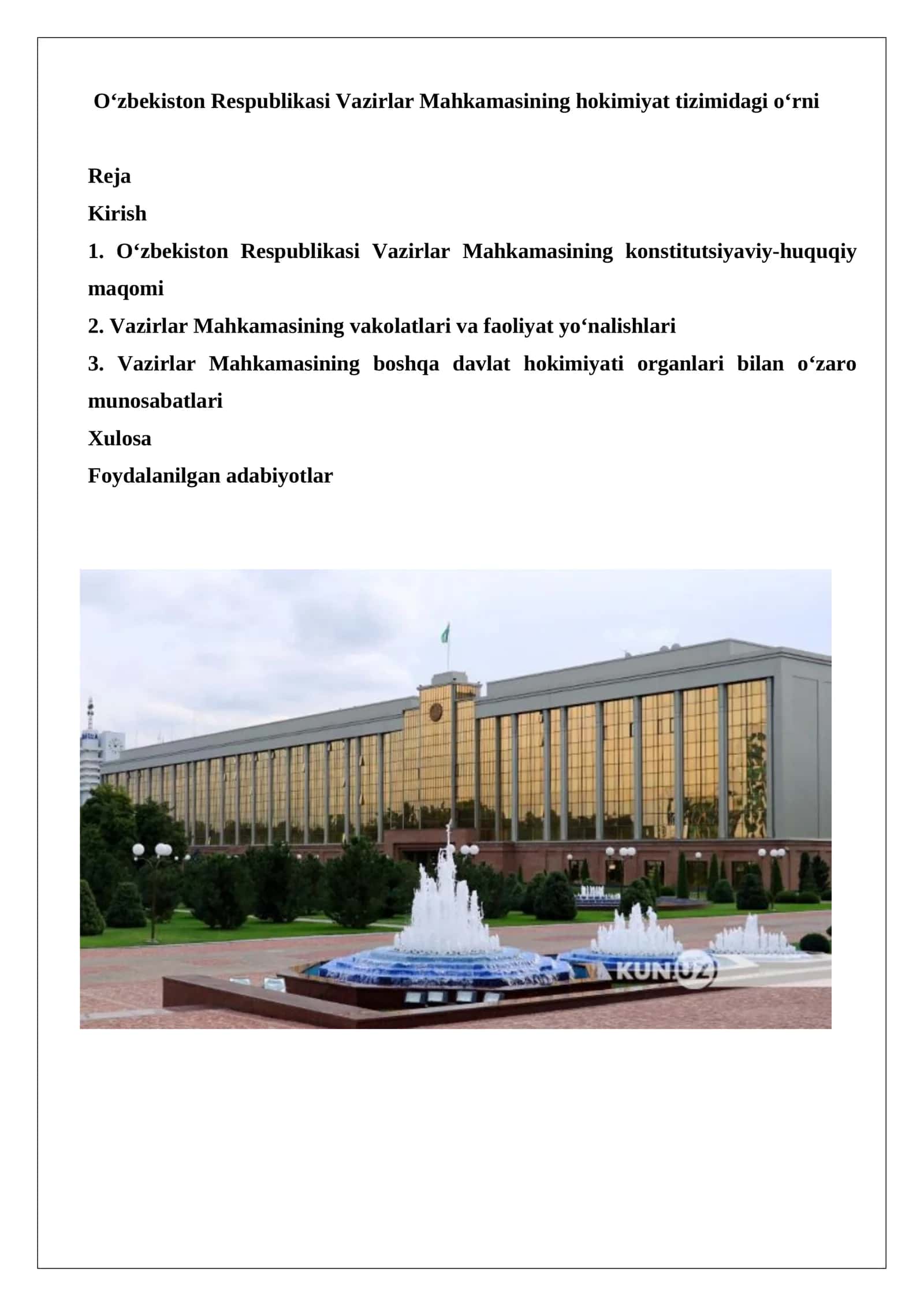 O‘zbekiston Respublikasi Vazirlar Mahkamasining hokimiyat tizimidagi o‘rni