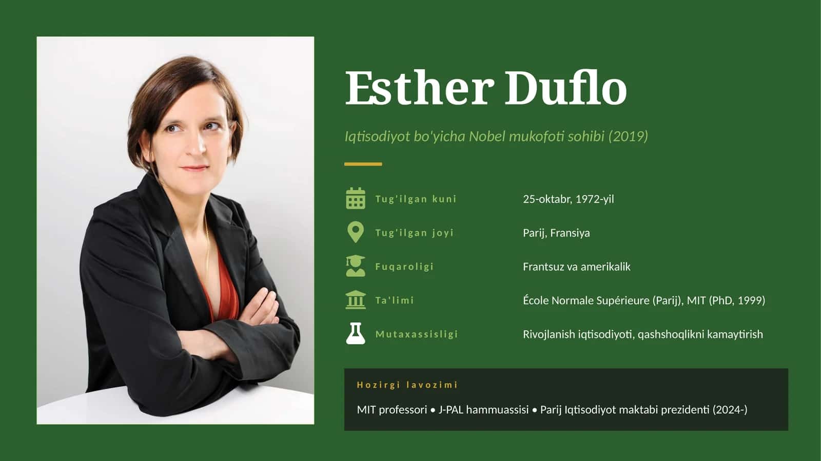 Esther Duflo va Qashshoqlikka Qarshi Eksperimental Yondashuv (A+ Mustaqil ish / Prezentatsiya)