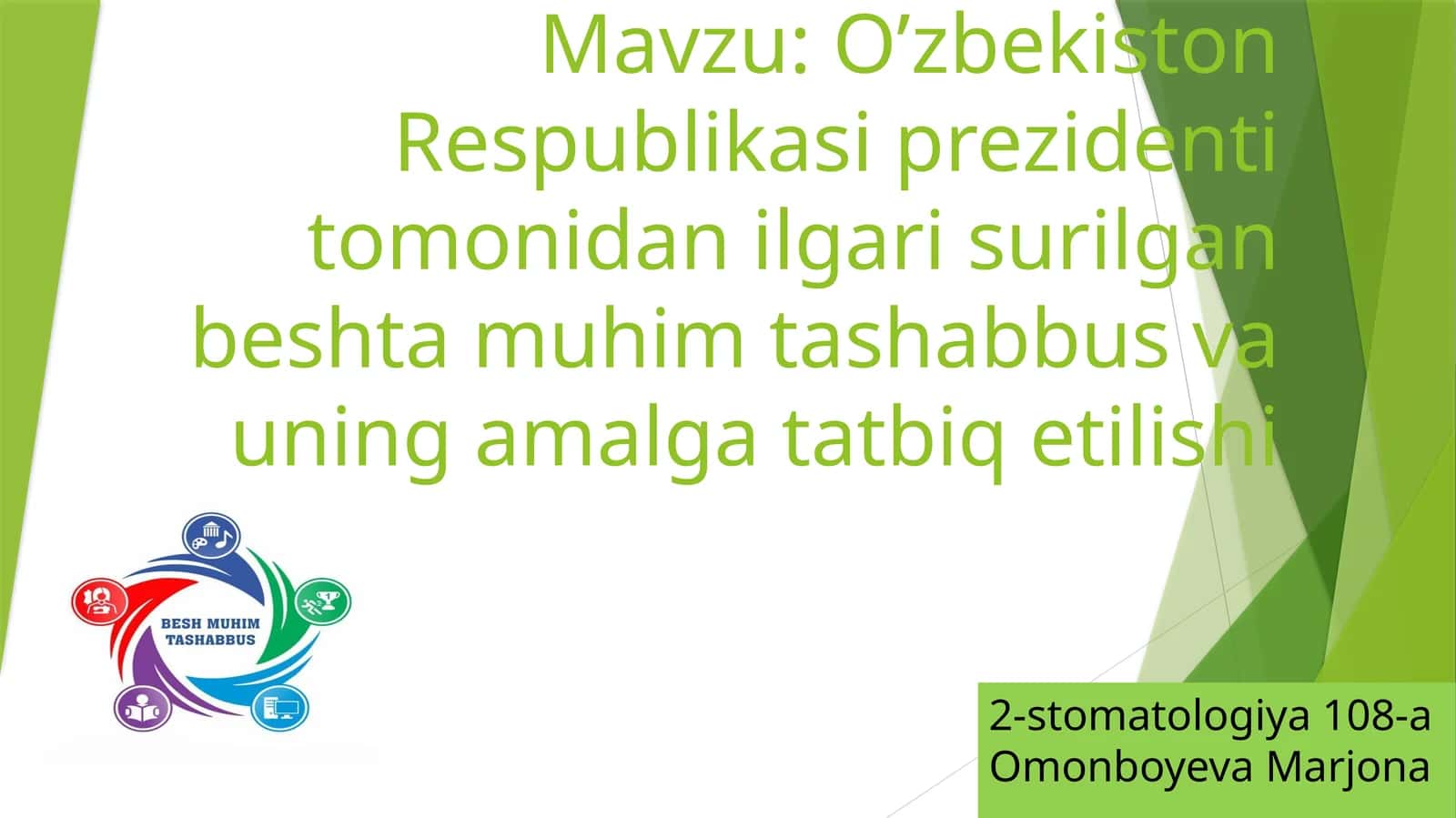 Oʻzbekiston prezidenti tomonidan ilgari surilgan beshta muhim tashabbus va uning amalga tatbiq etilishi