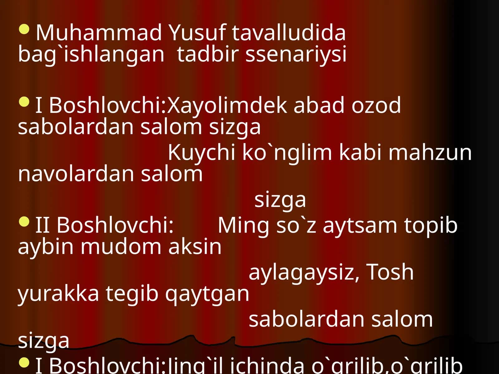 Muhammad Yusuf tavalludida bag`ishlangan tadbir ssenariysi