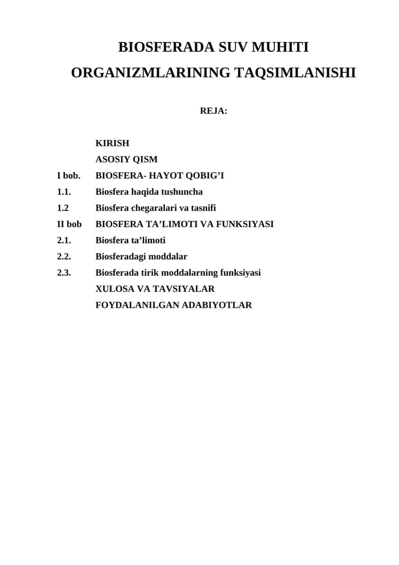 Biosferada suv muhiti organizmlarining taqsimlanishi