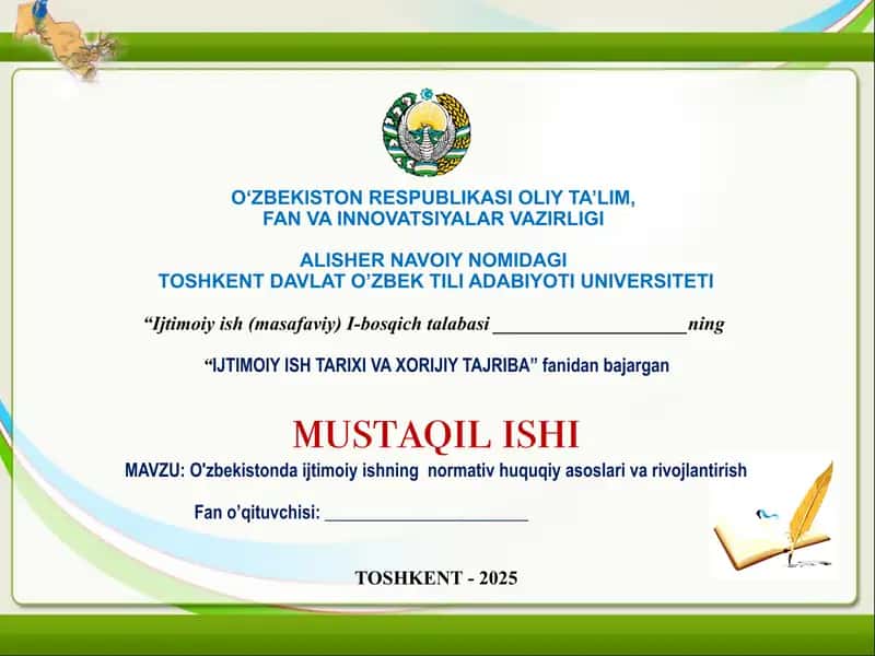 O'zbekistondagi ijtimoiyishning normativ-huquqiy asoslari va rivojlantirish